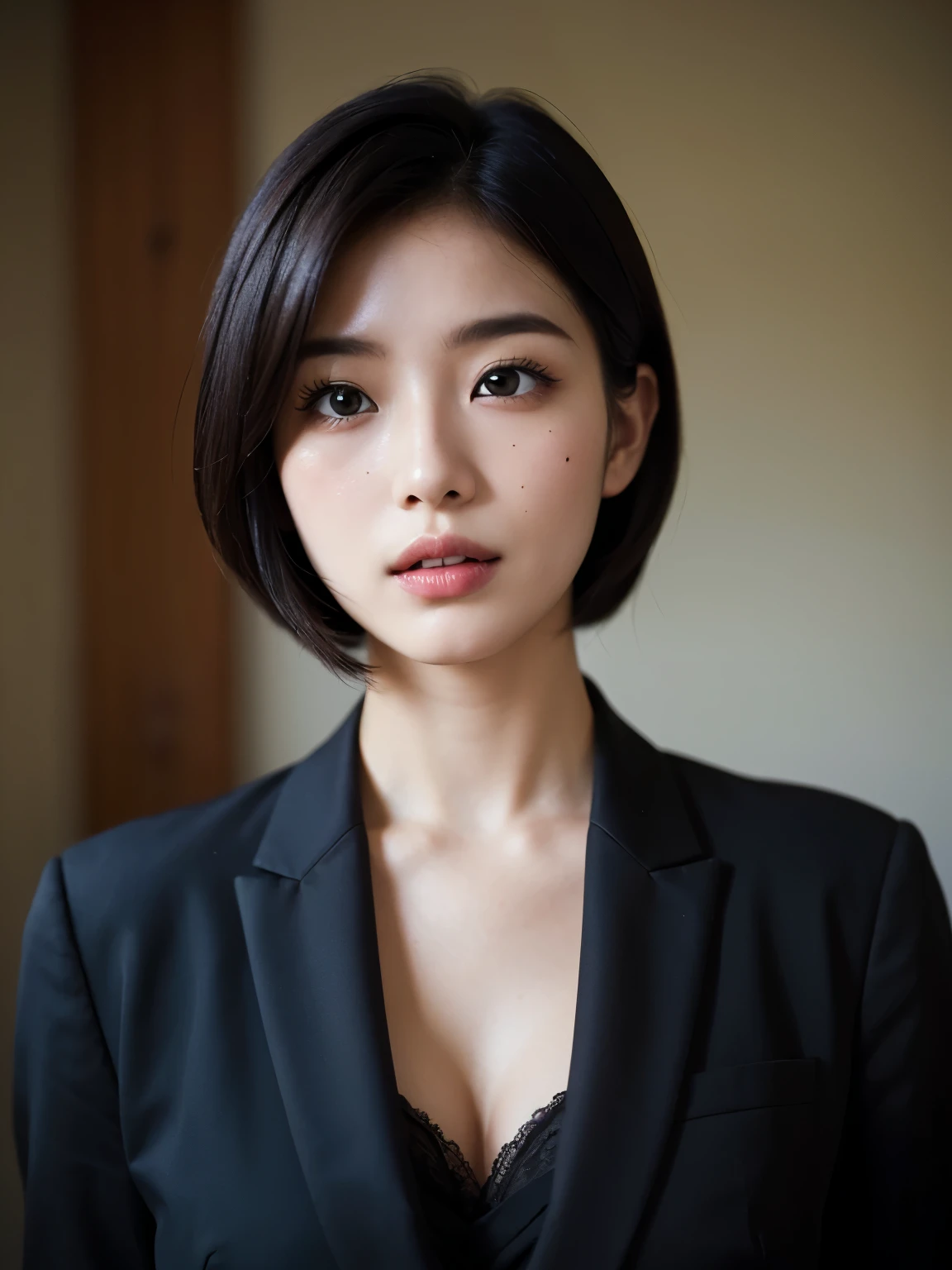 (masterpiece:1.2), Very detailed, Ultra-high resolution, (Realistic, photo Realistic:1.37), High resolution raw color photos, Professional photos, Dramatic lighting, Sharp focus:1.2, (Very detailedな顔と肌の質感, Very beautiful eyes, Glossのある肌, Glowing Skin,  Shining Face, Gloss, Oily skin, greasy face, 強いGloss), Perfect Anatomy, Very detailedな背景, 1 female, 30-year-old woman, Japanese women, Volumetric lighting, In the Dark, Deep Shadow,  (((Squint your eyes:1.3、Ahegao:1.2, Lips parted))), (Formal attire:1.4), sexy、Browsing Caution, Straight Bob Hair、Beautiful Hair、Black Hair、Attractive face、Fair skin、Multiple moles