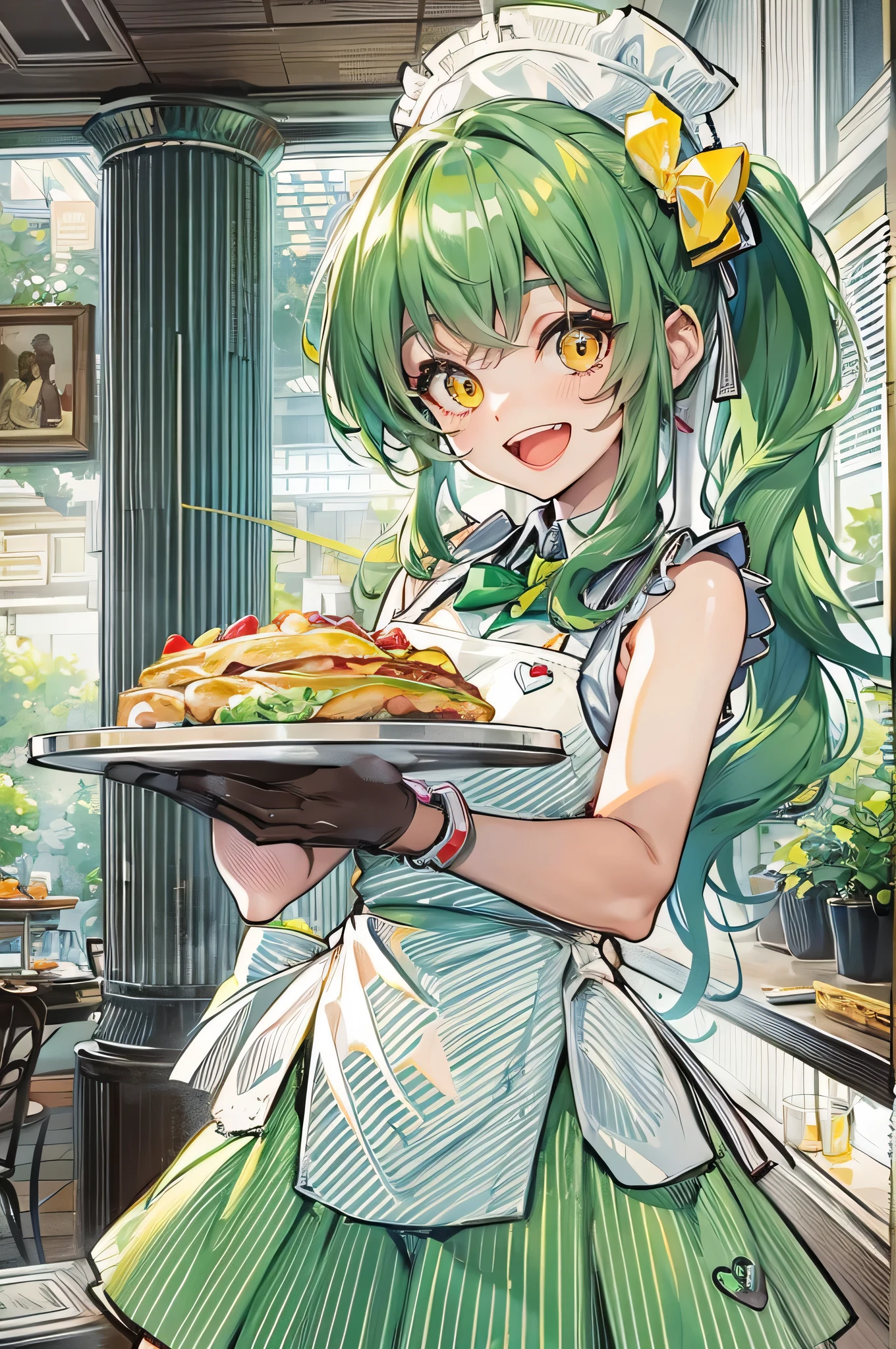 (Waitress Style) (solo ponytail green hair, long hair cute:1.2 waitress girl, cute half-closed yellow eyes, love smile, open mouth), (15 yo) (in a cute waitress uniform, lovely skirt, heart apron), (hand holding a A tray carrying food), BREAK, (in the lovely Trattoria), perfect ???????, masterpiece, best quality, 16k, beautiful detailed grow, daydreaming expression)