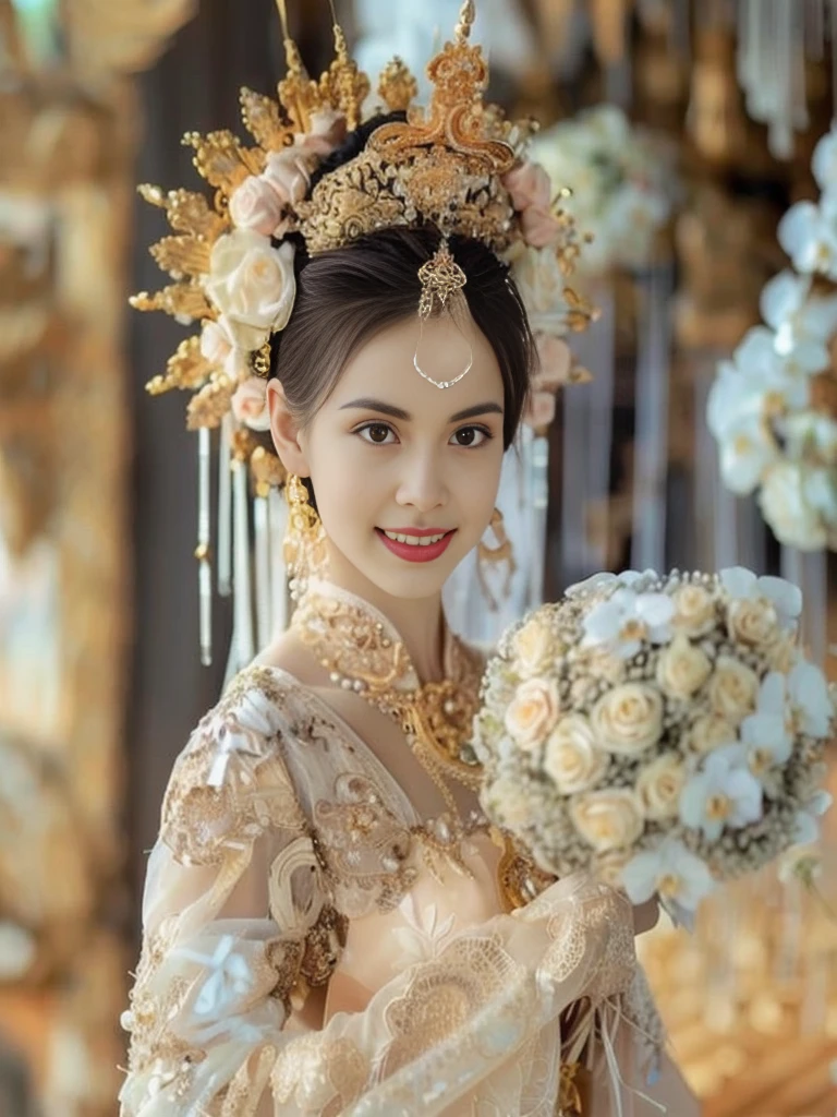 Close-up of a woman in a dress holding a bouquet of flowers, traditional beauty, gold floral headdress, traditional chinese, Intricate golden headdress, Chinese princess, Golden Lotus Princess, Southeast Asians with round faces, Ao Dai, Beautiful Fantasy Empress, Inspired by Tang Di, traditional, traditional tai costume, Princess of an ancient Asian dynasty, 8ก))