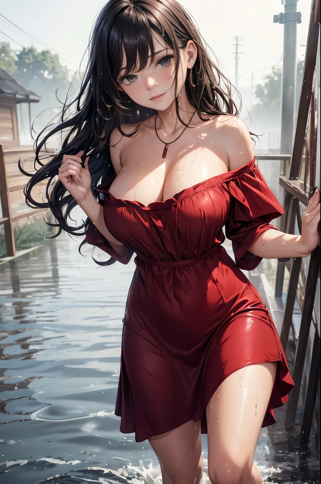 masterpiece,ultra realistic,32k,extremely detailed CG unity 8k wallpaper, best quality, (loose fitting Dark red Off-the-shoulder dress ), hands pulling low ,((winter day )), Beachy waves with a side part ,eardrop,lady ,necklace,sexy,breast, cleavage, spilling out, (breasts out), visible underwear, ((wet clothes)), wet skin, wet hair, rainy day, soaked, drenched