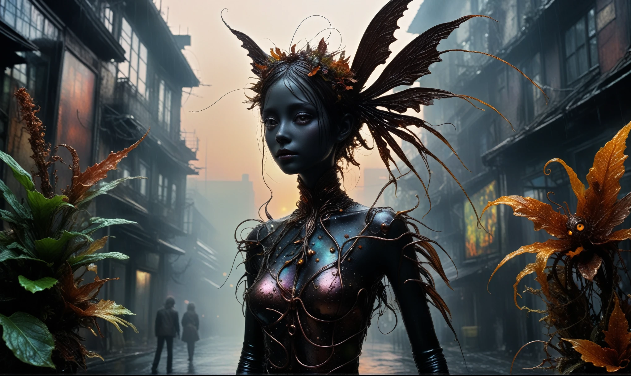 a black copper plant girl made of dead plants,a girl made of plants, placed in Silent Hill, atmosphere with backlit,city on background,chinesse pixie,A charming and fascinating creature with otherworldly forms that blend the best aspects of the monster human form and the innocent charm of a precocious , once pretty, wings, (best quality: 1.4), (masterpiece: 1.2), detailed, complex, high resolution, iridescent colors, texture, complex, gorgeous, 3D, highly detailed, (Professional photography, extremely detailed),Tim Burton, Dale Chihuly, Bruce Zheng, Cyril Rolando, H. R. Giger $plastic$ Grid: Real Lenoid afremov style, wet, fire, extremely detailed, high detailed eyes,8k resolution,RAW,retina, Nikon Z9,Nicola Samori, Sergey Zabelin,Aerith Gainsborough