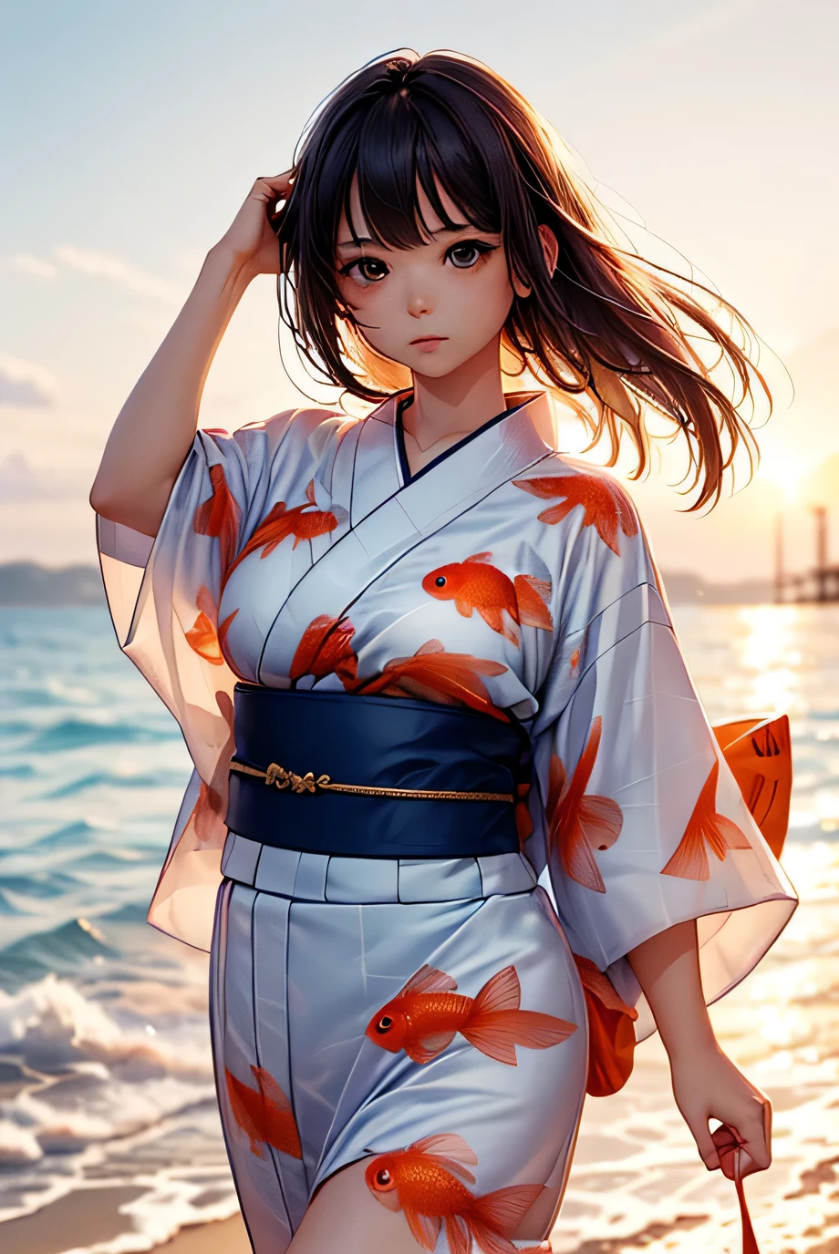 (She is walking along the beach wearing a goldfish patterned yukata..:1.3), White skin, Stained Glass Background, Absurd, High resolution, Very detailedな, Very detailed, 32k, 8K resolution, Intricate details, Movie Scenes, Detailed Background, alone, Dynamic Angle, alone, Hair blowing in the wind, (logo, masterpiece, 8k, Tabletop, RAW Photos, wonderful, 最high quality, Photorealistic and hVery detailed CG integrated 8k wallpaper, high quality, Very detailed, Narrative poem, Particle Effects, Dynamic Effects, Written boundary depth, Cinematic Light, Lens flare, Ray Tracing, Anatomically correct)), Fantasy, 1. Beautiful Women, (Realistic, Photorealistic:1.3), (8k, RAW Photos, 最high quality, masterpiece:1.2), a person standing, in a classroom, 1girl, skirt, phone, shirt, black hair, holding, white shirt, holding phone, long hair, cellphone, pleated skirt, feet out of frame