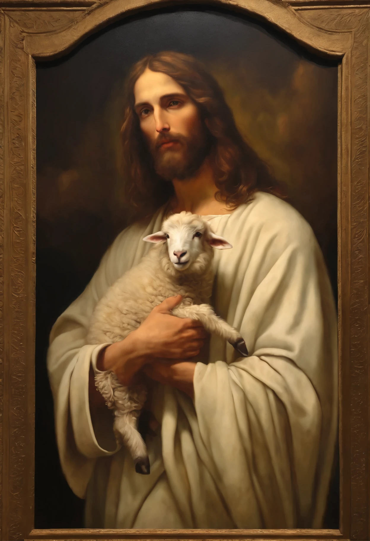 Jesus Holding a Sheep, Renaissance style, holy, oil painting