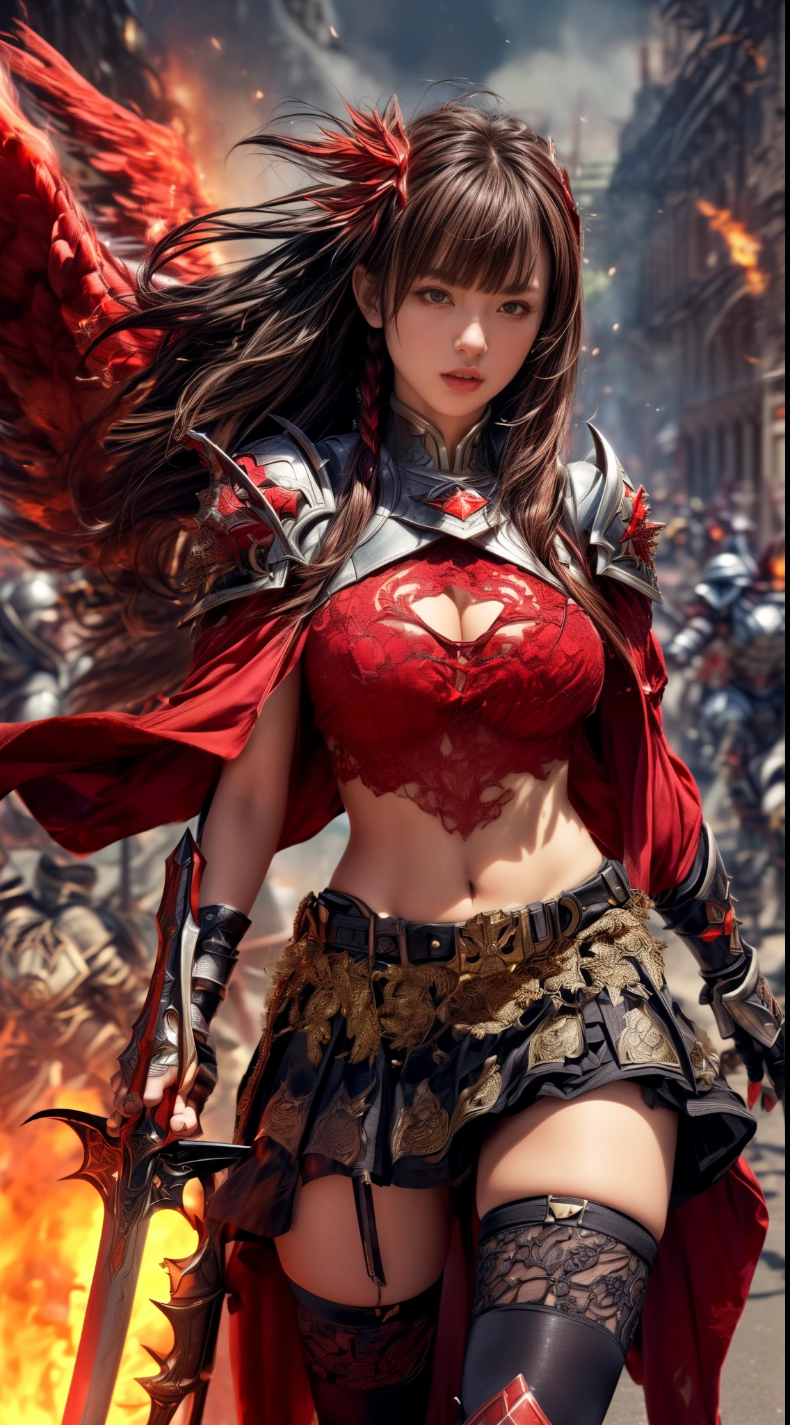 Very beautiful woman、Slender women、(Detailed face)、Realistic Skin、((Knight of Fire)), (((Crimson armor:1.25)))、((((非常に繊細で繊細な装飾が施されたCrimson armor:1.5))))、((Delicate photo))，(Girl Astepeace RAW Photo Details:1.25), (highest quality:1.6), (超A high resolution:1.5), (Realistic:1.75), 8K resolution, Canon EOS R5, 50mm, Absurd, Ultra-detailed,Cinema Lighting,Battlefields of Medieval Europe、((battle))、RPG World、Final Fantasy、(((Embellished skirt)))、Thigh-high socks、Shin Guards、night、((too long bangs))、((One short thick dark red hair braid))、(Six-pack)、Torn Cloak、Beautiful Armor、(((Giant Sword)))、In combat、The wind is blowing、(((Inferno filling the entire area)))、(((Leading a large group of red knights)))、(((Knight Commander)))、(Armor with a Phoenix motif)、(((Fire blaze)))、(((Intense action scenes)))、(((Crimson Phoenix)))、((nsfw:1.1))、(Red lace panties are visible:1.2)