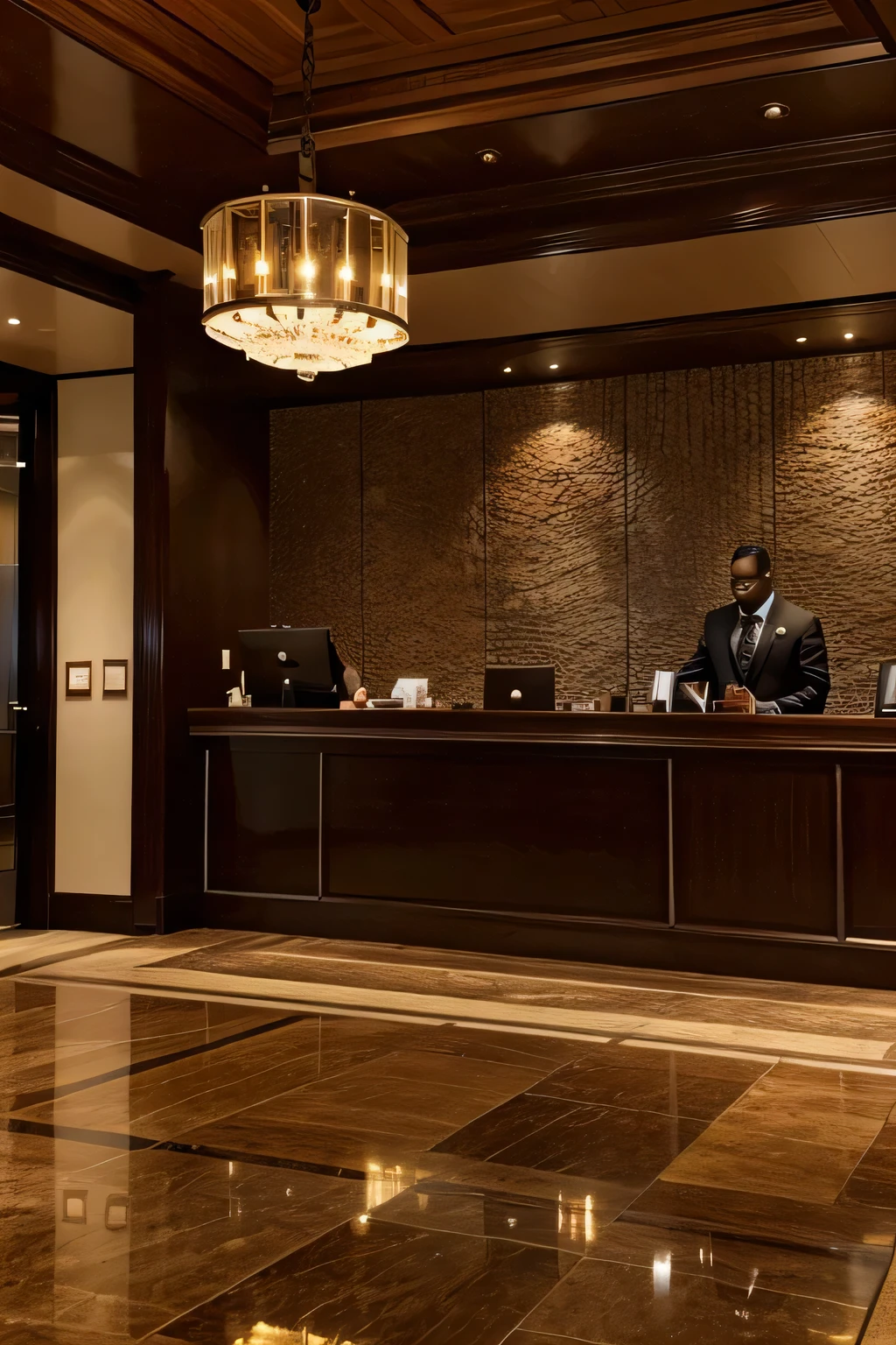 A luxurious hotel lobby reception at Pier One,The decoration and style are dark wood texture,There are three locations