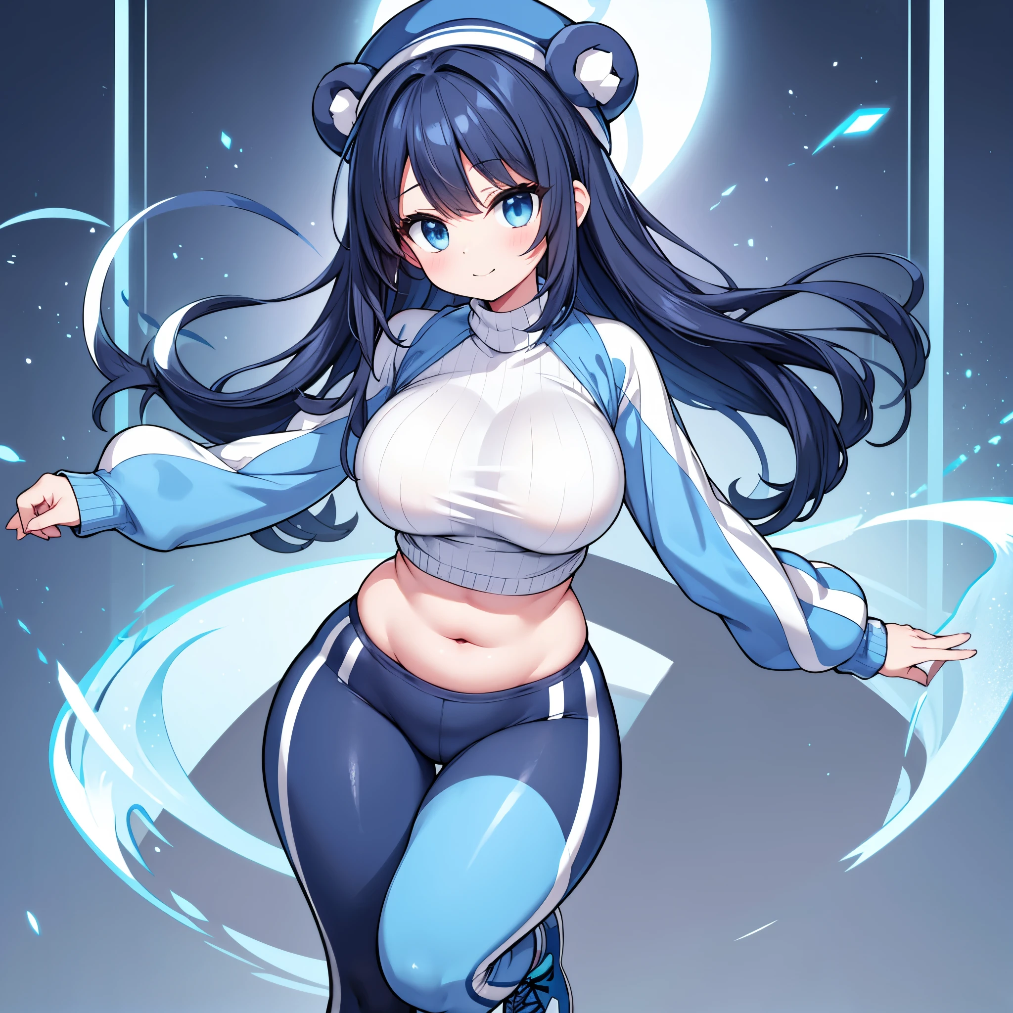 Solo ,One Short woman, massive breasts, medium-length navy blue hair, cute, shy, athletic thighs, black skintight stockings and white shoes, light blue loose not skintight cropped sweater, short light blue athletic skintight pants, full body view, shyly smiling, a light blue plush bear hat, hourglass figure, one athletic woman, cropped loose long-sleeve sweater, plump thighs, plump breasts, clothing that accentuates curves, skinny waist, skinny, athletic, slim, large breasts, large thighs, skinny waist, light blue clothes, navy blue hair, beautiful face, lovely navy blue eyes, light blue athletic pants, plain white background, has abs, athletic light blue skintight pants, hat has plush bear ears