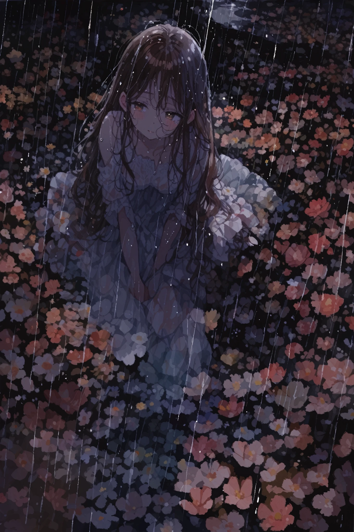 Prompt: 1girl、Brown eyes、Brown Hair、White dress、cry、Wet Hair、Wet clothes、evening、rain、Flower Field、Flower Fieldでrainに濡れながら踊る少女、tegaki, (watercolor painting:1.3), detailed、8K、ultra-detailed、deep shadows、faint light