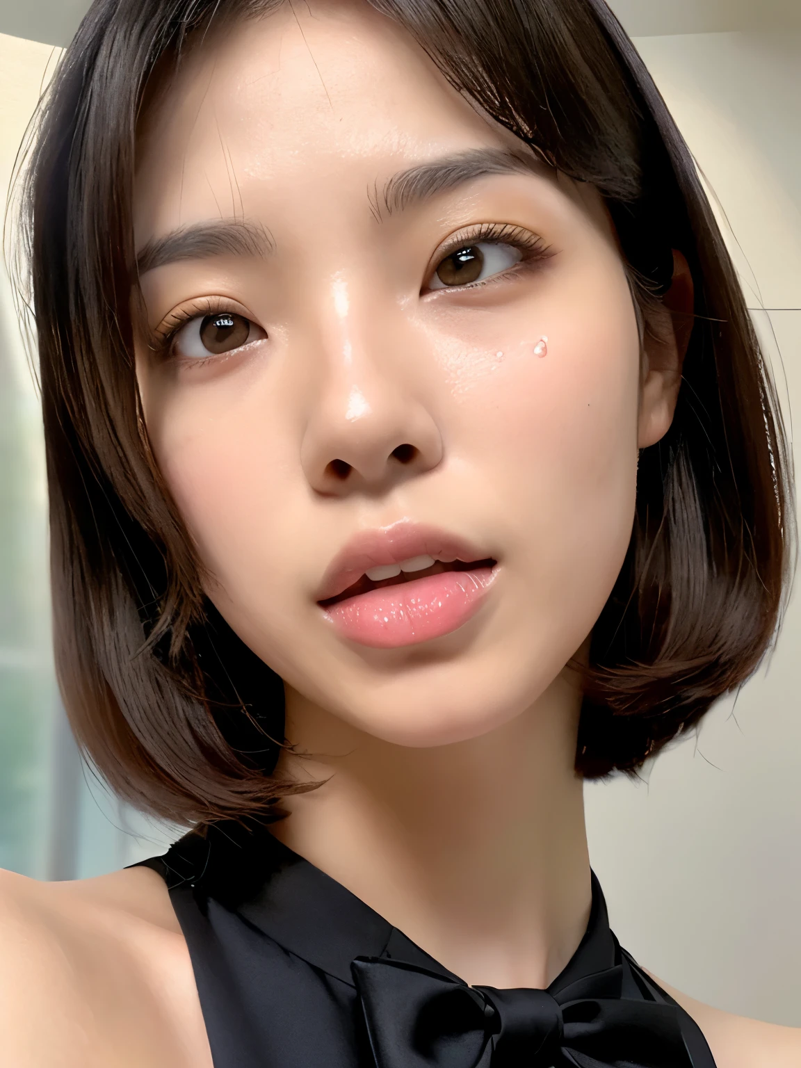 (masterpiece:1.2), Very detailed, Ultra-high resolution, (Realistic, photo Realistic:1.37), High resolution raw color photos, Professional photos, Dramatic lighting, Sharp focus:1.2, (Very detailedな顔と肌の質感, Very beautiful eyes, Glossのある肌, Glowing Skin, Shining Face, Gloss, Oily skin, greasy face, 強いGloss), Perfect Anatomy, Very detailedな背景, 1 female, 30-year-old woman, Japanese women, Volumetric lighting, In the Dark, Deep Shadow, (((Squint your eyes:1.3、Ahegao:1.2, Lips parted))), (Formal attire:1.4), sexy、Browsing Caution, Straight Bob Hair、Beautiful Hair、Black Hair、Attractive face、Fair skin、Multiple moles