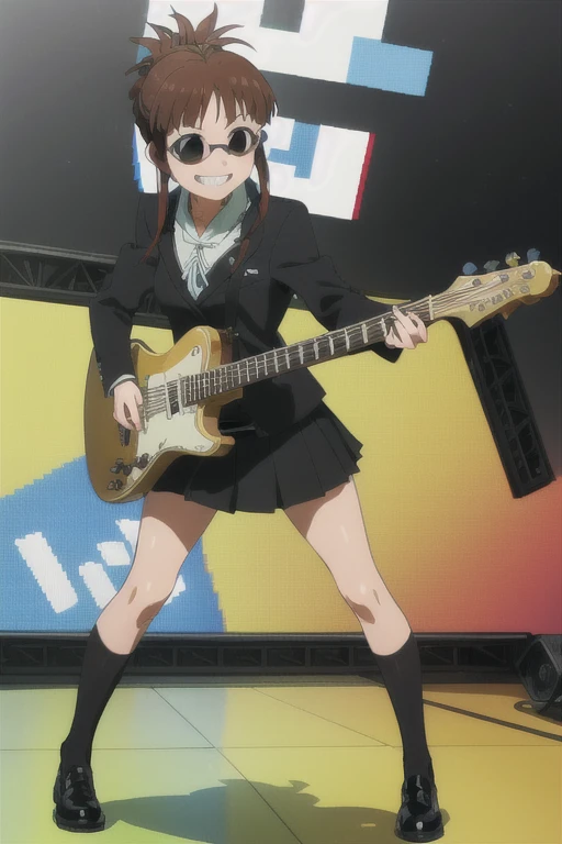 (((pixel-perfect, detail-perfect))), solo, 1girl, ritsuko akizuki, jacket black, sunglasses, tie black, belt, skirt black, socks black, women shoe black, live stage, holding guitar, mad face, grin, smile