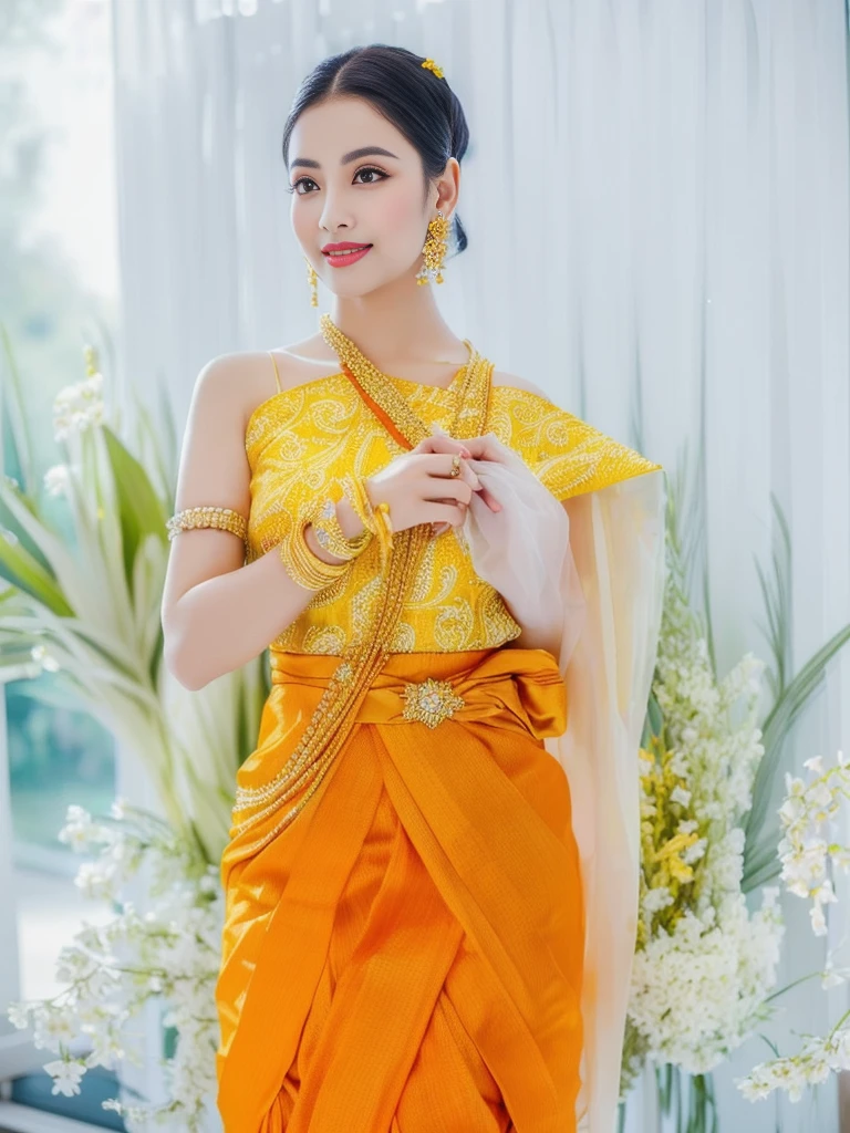 Aarav woman in yellow dress poses for photo, Sukhothai set, traditional beauty, traditional dress, According to Thawan Duchanee&#39;s style, traditional, with yellow cloth, traditional clothes, In Lammanh style, traditional tai costume, traditional clothing, Niwan Chandra, wearing traditional garb, Inspired by Tang Di