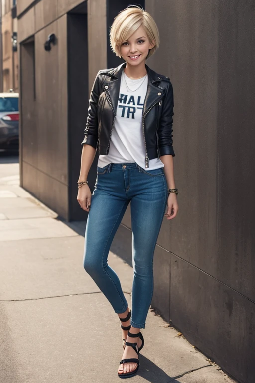 (full body),Athletic blonde woman, (short hair), tomboy, cute, ((smile)), Leather jacket, t-shirt, skinny jeans, sandals