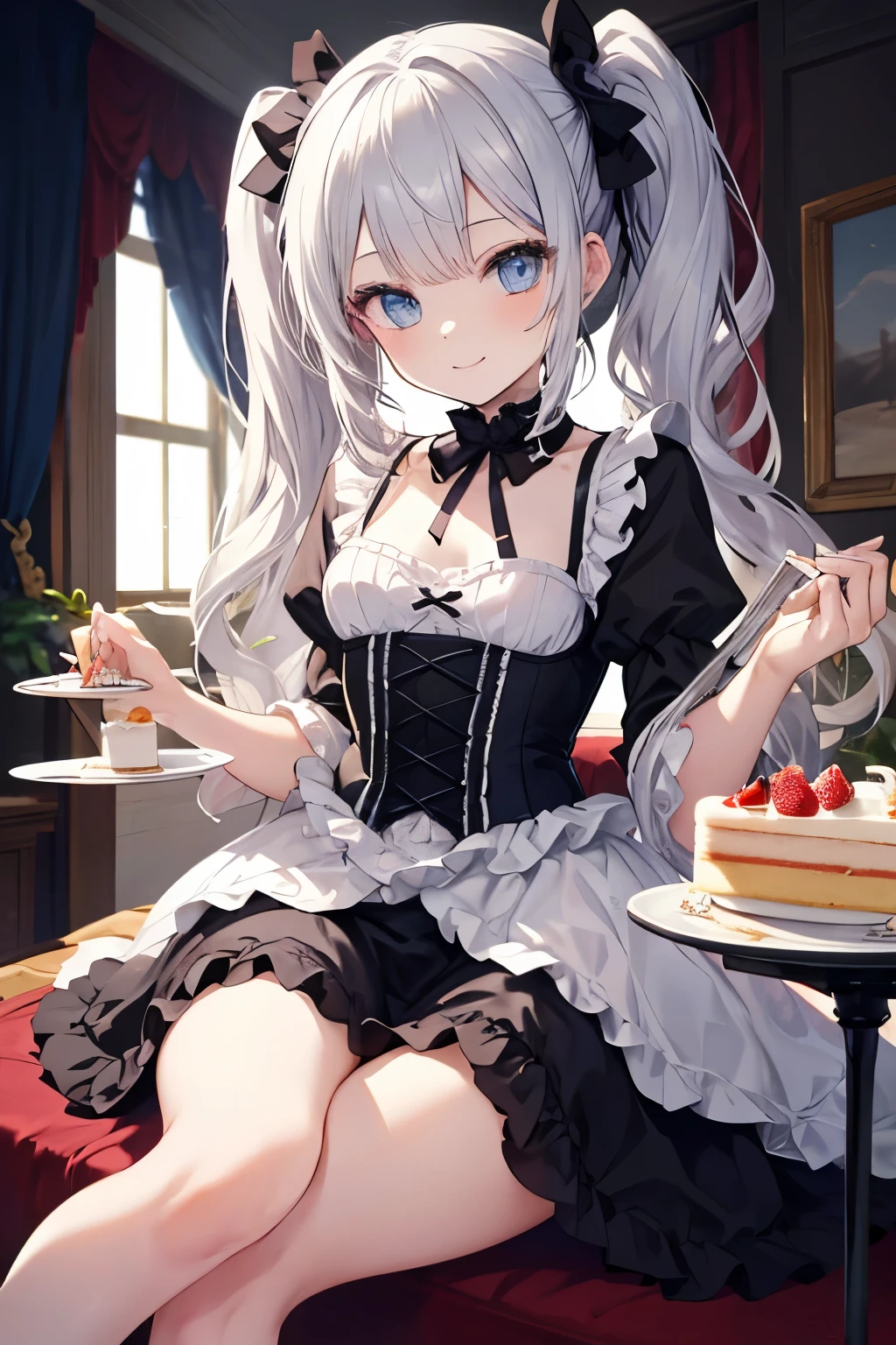 Silver Hair、blue eyes、girl、Small breasts、Twin tails、girl、Small breasts、Lolita、Bright smile、Looks about 15 years old、Petan Musume、Short、目のhighlight、Sexy thighs、Have a cake、Rose Gothic Lolita Dress Costume、Your eyes are so beautiful、highlight