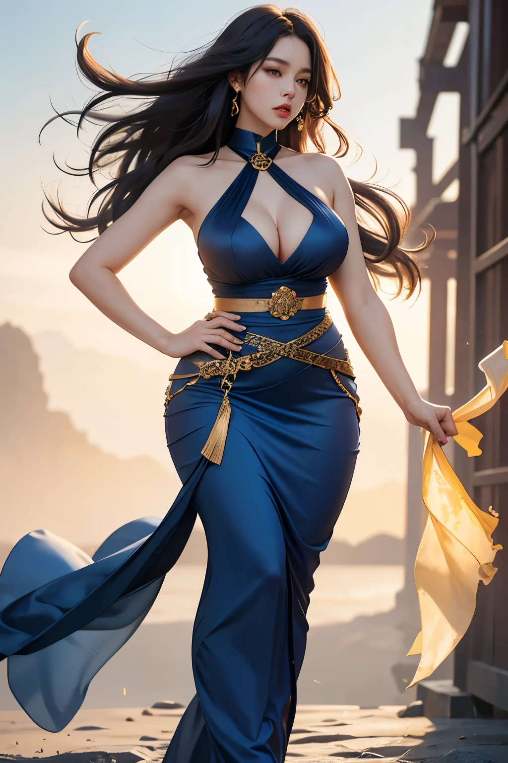 Her long seaweed-like hair is casually draped over her shoulders. She is tall and well-proportioned.,Full and tall breasts,Round and elastic。Although the waist is slightly fat, it makes you look plump and charming,Forming a perfect curve with the plump buttocks。Her legs were strong and full of power. She was wearing a fiery red silk dress that tightly wrapped her graceful figure. She had a golden belt inlaid with a huge sapphire tied around her waist.,Highlighting the slender waist。