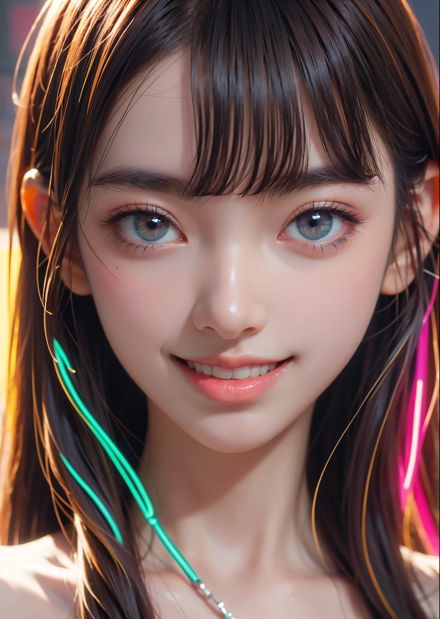 (masterpiece, highest quality, highest quality, Official Art, beautifully、aesthetic:1.2)、Bust Shot、 (Cyberpunk fashion girl 1)、Big iridescent eyes、Beautiful skin、Smile a little、Moderate breast size、（Long silver hair with bangs）、Very detailed,(Neon colored fractal art:1.3)、Perfect lighting、Sharp focus、High resolution、High resolution、High color rendering、High resolution、Super realistic、