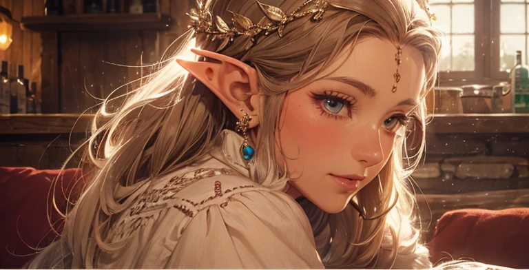 A young-looking female elf in her 40s peacefully napping in a tavern, intricate detailed portrait, beautiful detailed eyes, beautiful detailed lips, extremely detailed face, long eyelashes, beautiful elf features, serene expression, cozy tavern interior, wooden furniture, warm lighting, soft textures, muted color palette, digital painting, concept art style, cinematic lighting, photorealistic, 8k, high resolution, masterpiece