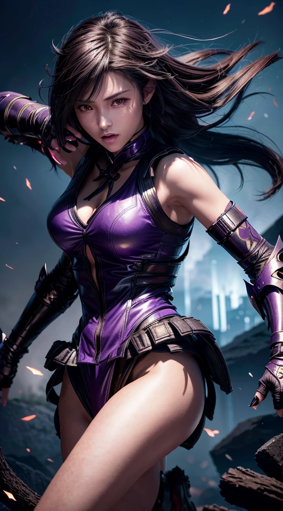 (Best quality,4K,8K,A high resolution,Masterpiece:1.2),Ultra-detailed,Sharp focus,Realistic,Photorealistic:1.37,Highly detailed eyes and face,beautiful detailed lips,mysterious,stealthy,Night scene,Dark shadows,dim murky lights,Dynamic pose,actionpacked,Fierce,merciless,Honed skills,A silhouette of a ninja,The sword slashed through the air,Precision strikes,jumping in mid-air,Smoke surrounded her,The bodies were attacked,Expressive eyes convey determination and focus,Purple flame in the background,creating an intense and dramatic atmosphere,Contrasting colors,Subtle moonlight shone in the woods,Adding a touch of mystery,purple color palette,Create a sense of intrigue and danger,Subtle shiny patterns on ninja clothes,Add a touch of elegance and sophistication