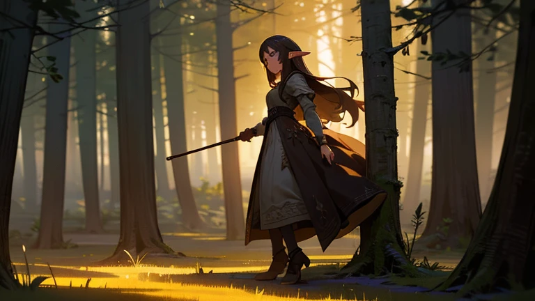 beautiful young elf girl, long brown hair, brown eyes, freckles, brown dress in forest, full body shot, intricate details, cinematic lighting, warm colors, photorealistic, masterpiece, (best quality, 8k, highres, detailed), (fantasy, magical, enchanting:1.2)