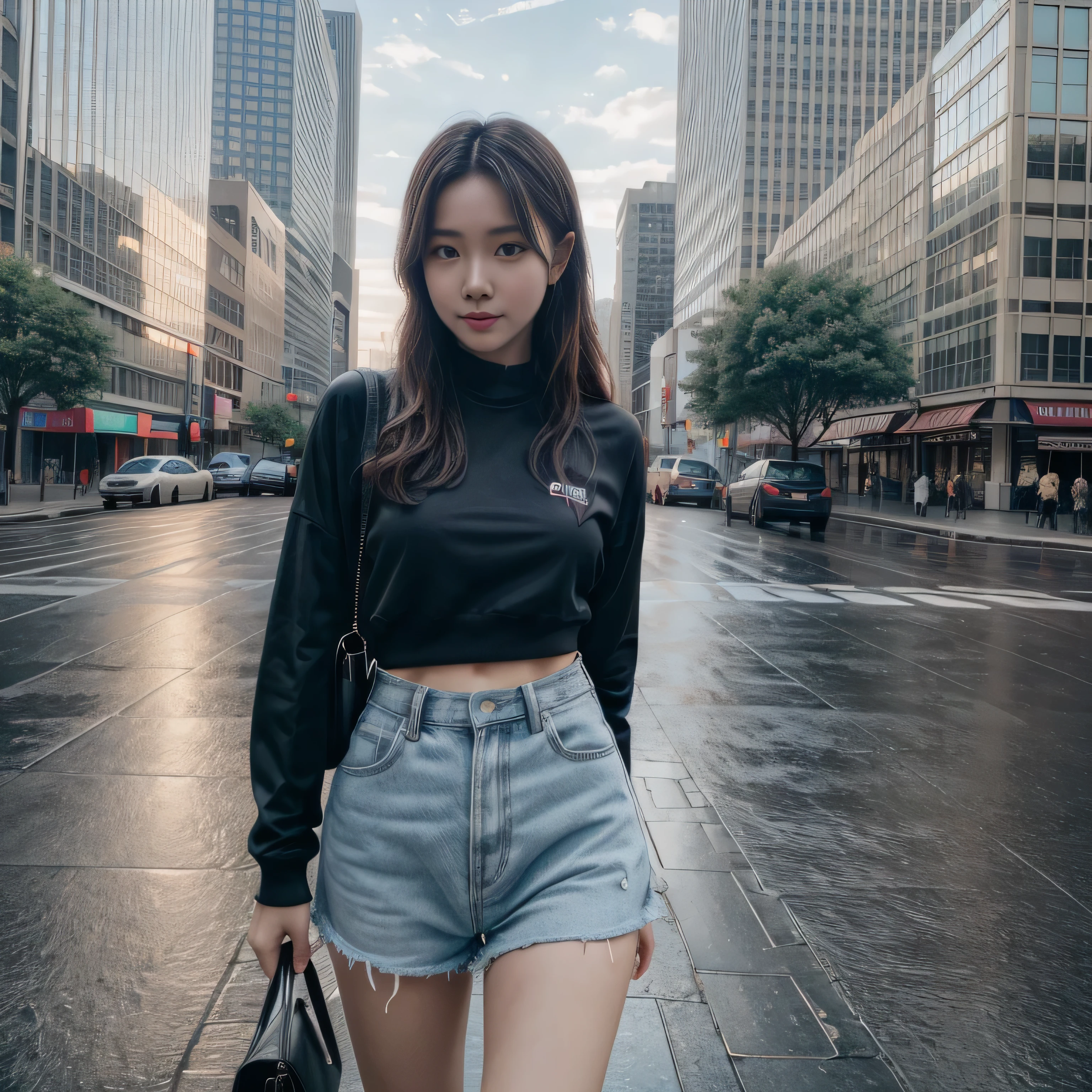 (8k, RAW photo, best quality, masterpiece:1.2), (realistic, photo-realistic:1.37), omertosa, 1girl, (Kpop idol), (aegyo sal:1), cute, cityscape, rain, wet, professional lighting, photon mapping, radiosity, physically-based rendering,,