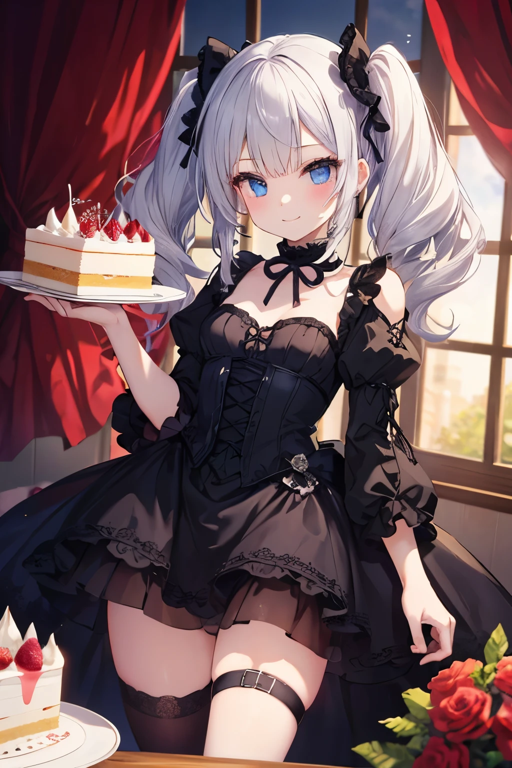 Silver Hair、blue eyes、girl、Small breasts、Twin tails、girl、Small breasts、Lolita、Bright smile、Looks about 15 years old、Petan Musume、Short、目のhighlight、Sexy thighs、Have a cake、Rose Gothic Lolita Dress Costume、Your eyes are so beautiful、highlight