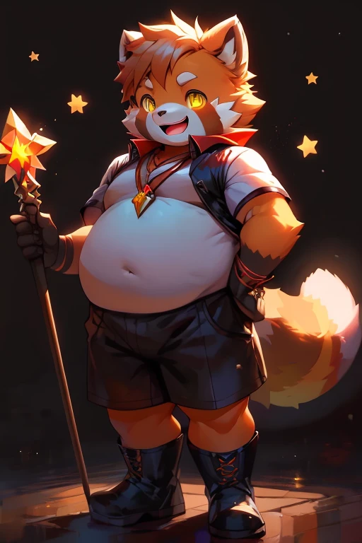 Red Panda，Lovely，Stars background，Be applicable，Golden fluorescent eyes，Short sleeve，shorts，Big Tail，Standing，Red necklace，Black leather boots Asterpiece，high quality，male，overweight， high school students，pattern，Magician，happy，Holding a staff