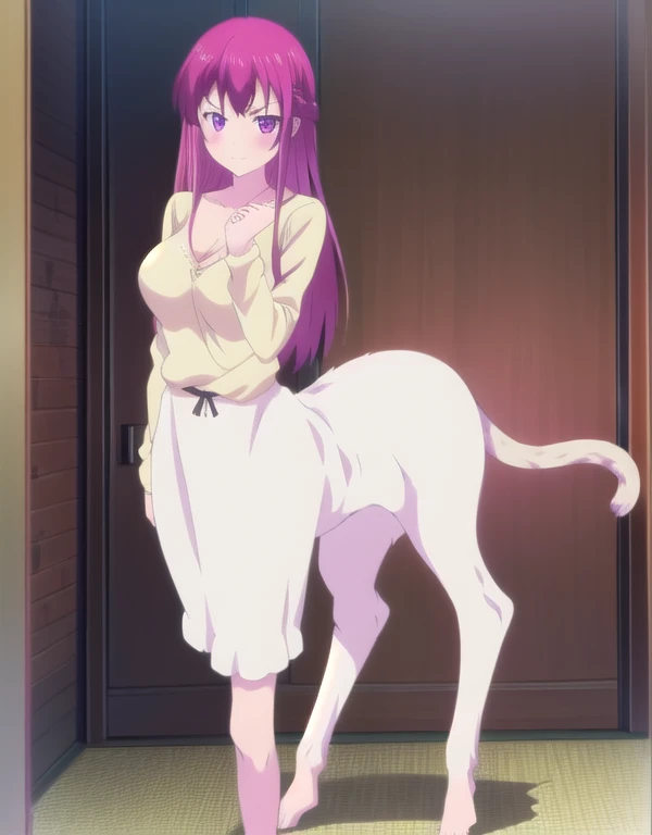 1girl, solo, pink hair, purple eyes, long hair, cleavage, centaur, cat body, looking at viewer, blush, happy, full body, pov,