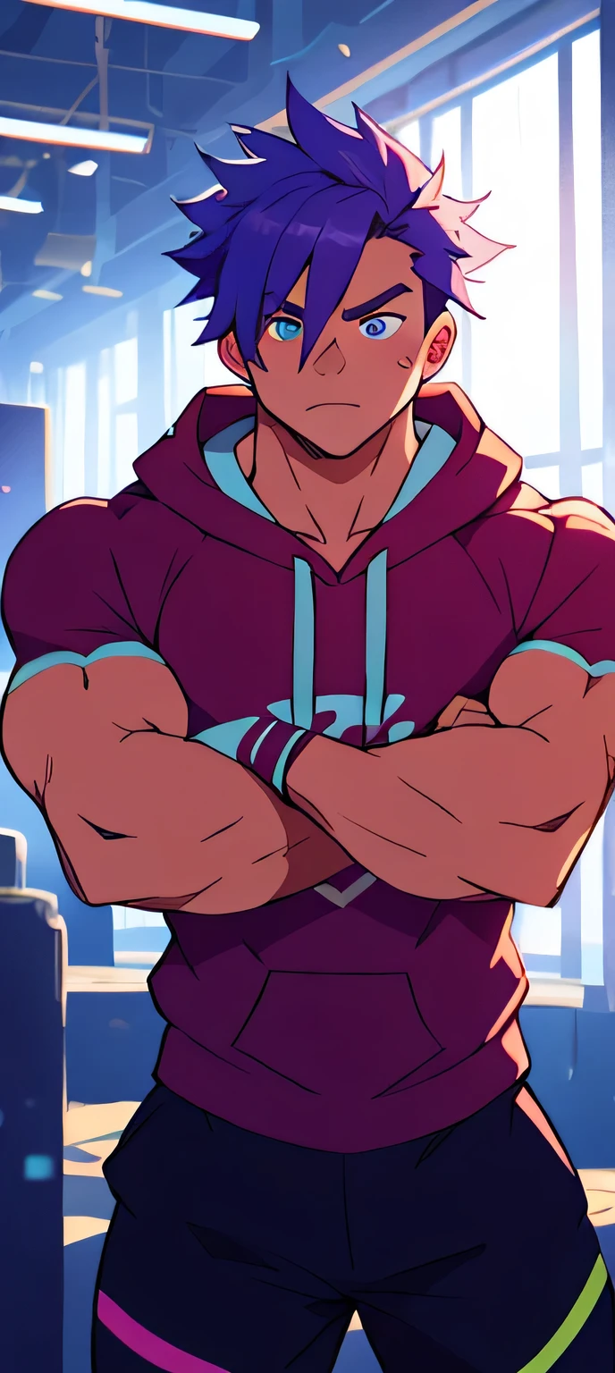 (tmasterpiece,Best quality at best,absurd res),two guys, sweet, twunk, sleeveless hoodie,dating, bars, park, hug, dating,,Naked boys,is shy,Be red in the face,Shy,musculous,Detailed eyes,nakeness,(nakeness),eBlue eyes,Bare topless,Upper body body,short blue-purple hair,(fluorescent light),(a color),((abstract backgrounds))