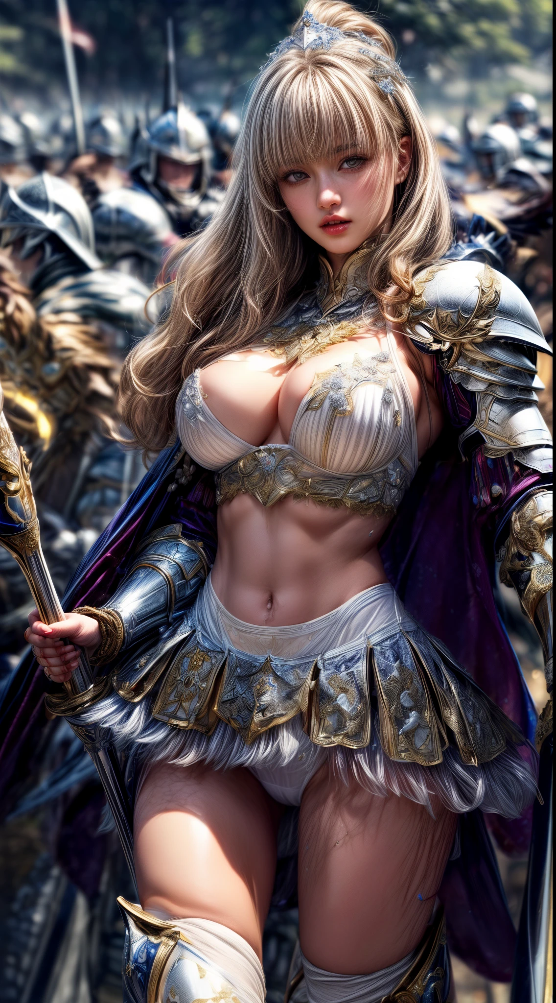 Very beautiful woman、Slender women、(Detailed face)、Realistic Skin、((holy knight)), ((Pearl White Armor))、((((White armor with very delicate and delicate decorations:1.5))))、((Delicate photo))，(Girl Astepeace RAW Photo Details:1.25), (highest quality:1.6), (超A high resolution:1.5), (Realistic:1.75), 8K resolution, Canon EOS R5, 50mm, Absurd, Ultra-detailed,Cinema Lighting,((battlefield))、((battle))、(((White skirt with embellishments)))、Thigh-high socks、Shin Guards、((Blonde))、((Curly Hair))、((Drill Hair))、((Wavy short hair with bangs,))、I can see your ripped abs、Cape、Beautiful Armor、(((Has a huge weapon)))、(In combat)、((Symmetrical Armor))、((((Light shines in))))、(((Leading a large group of knights:1.2)))、Banner、Mark of the Goddess、(((Battle Scene)))、(((White light snake)))、((nsfw:1.2))、((Pure white panties:1.2))
