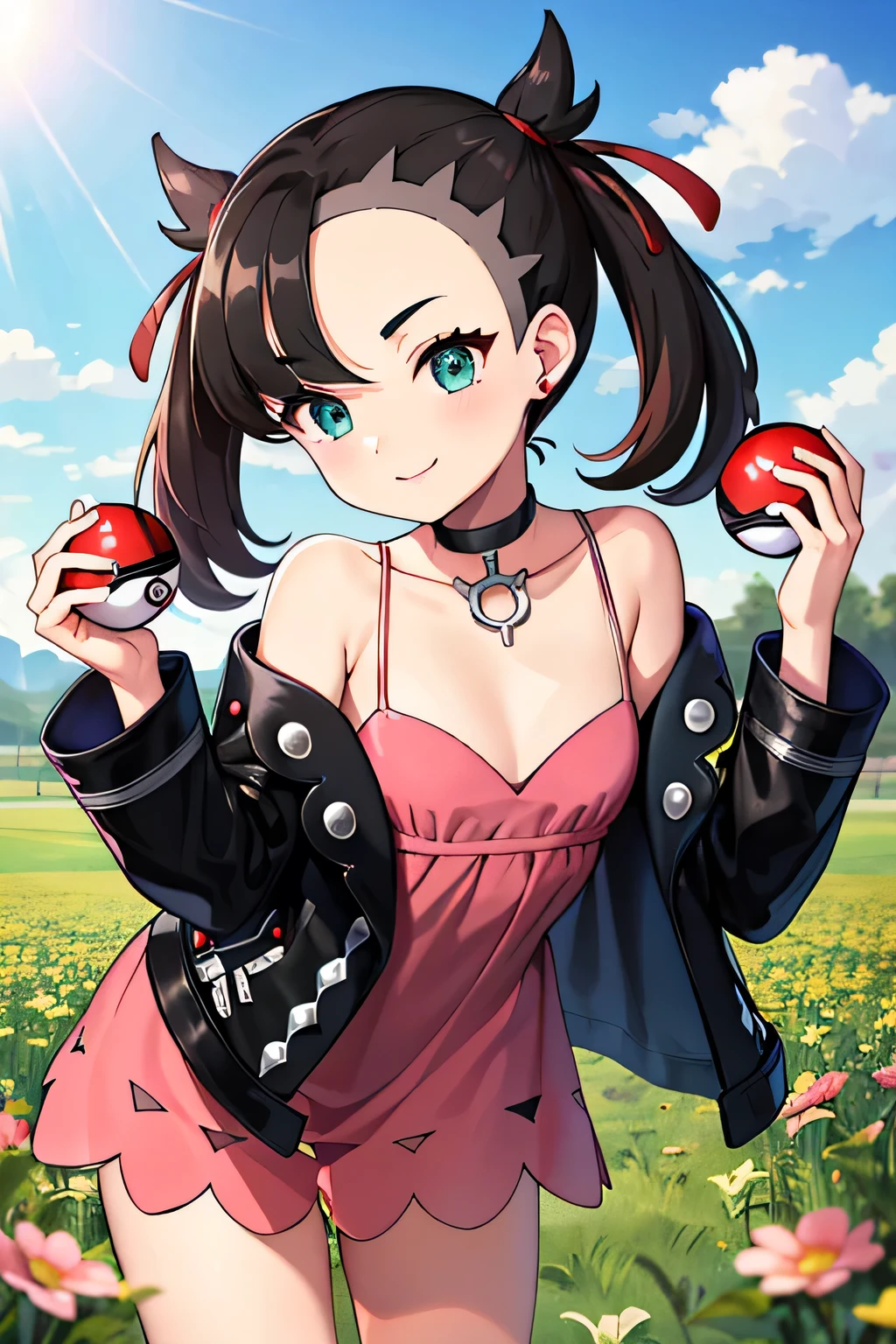 masterpiece, highest quality, High resolution, Marnie, Aqua Eye, Black choker, Red ribbon, Pink Dress, Exposing shoulders, Pink Panties, Bent over, jewelry, Black jacket, Open clothes, Long sleeve, Cowboy Shot, Are standing, Field, holding poke ball, poke ball \(Basic\), smile, Open your mouth, naked