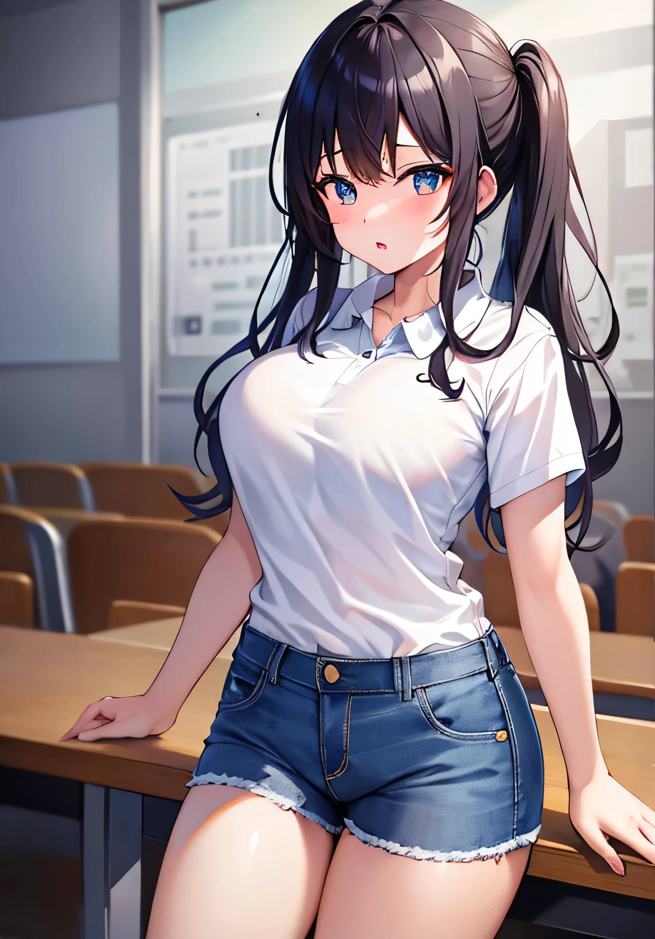 masterpiece、Highest quality、Ultra-high resolution、 university studentith big breasts、twin tail hairstyle、black hair、Red face、shyly、open your mouth just a little、white polo shirt、denim shorts、inside the lecture hall