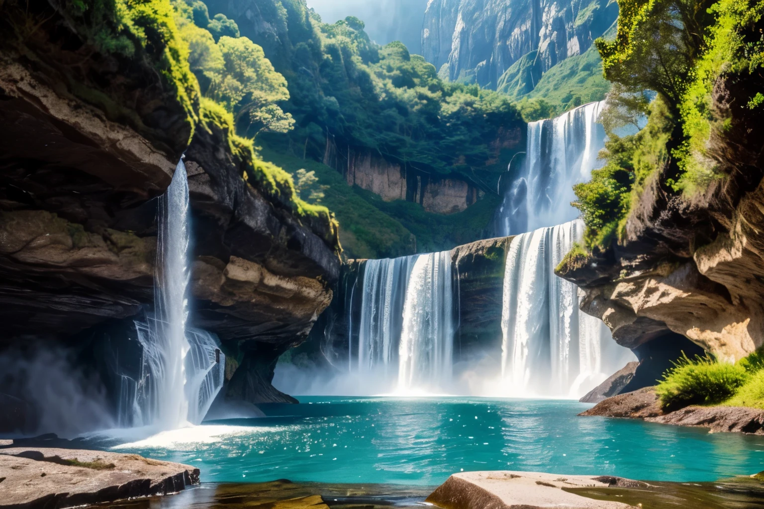 (highest quality,High resolution:1.2),Super detailed,Realistic,Impressive waterfall,water flowing,Splattering water droplets,Magnificent View,Natural wonders,The power of nature,Steep cliffs,Lush greenery,wood々Sunlight shining through the gaps,Foggy atmosphere,Sparkling Water,The roar of the waterfall,Calm and quiet,shimmering fog,Rainbow-colored,Elusive Beauty,Spectacular water display,Refreshing feeling,Emotional connection,Harmony of Nature,The powerful force of water,Exhilarating environment,Calm atmosphere,Fascinating views,Spectacular landscapes,Awe-inspiring natural sights,Pure and clean,Quiet blue pool,A sense of adventure,Excited state,A thrilling experience,and a deep connection with nature,Escape from the everyday,Refreshing natural beauty,A sense of wonder,I feel small in the face of the majesty of nature,Unforgettable memories