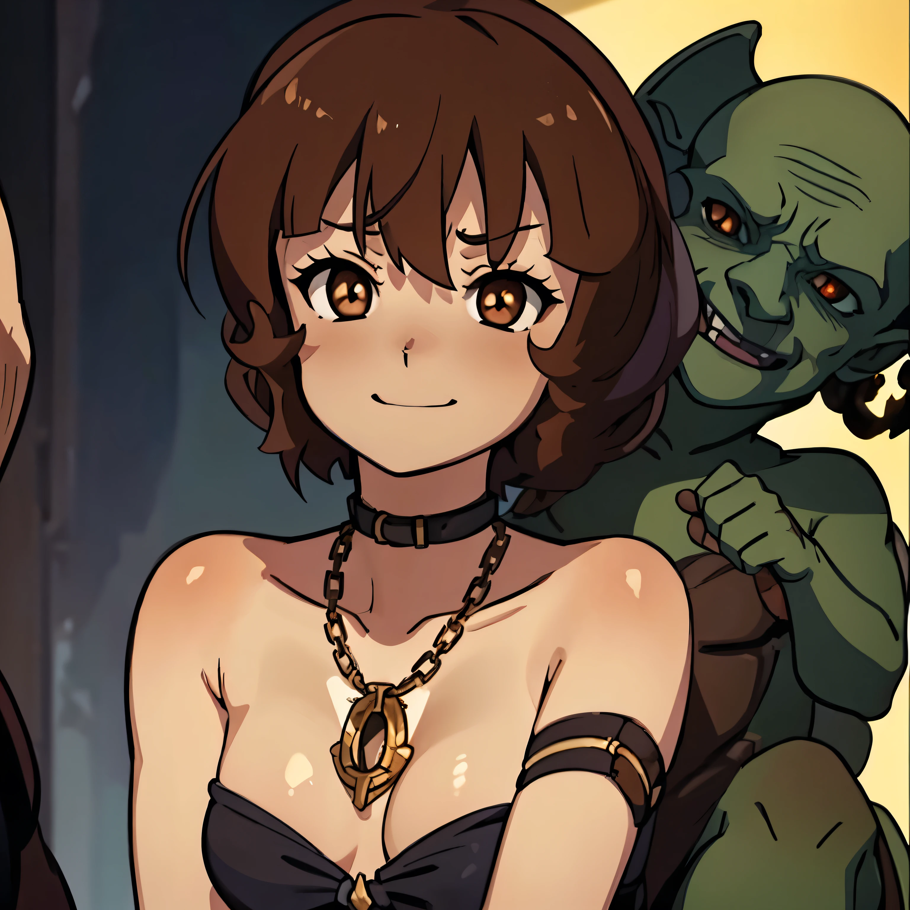 masterpiece, goblinriding, a goblin is riding a girl, goblin, mutiple goblins, goblins, (all fours), 1girl, (dress:1.1), (nose hook), reins, collar, chain, rope, obey, happy trance, smile, hair ornaments, expressionless, emotionless, blank eyes, empty eyes, mind control, apocalyptic background, monster, horror, glowing eyes, small breast, SHORT HAIR, brown EYES, brown HAIR, SMALL BREASTS, sally1989,