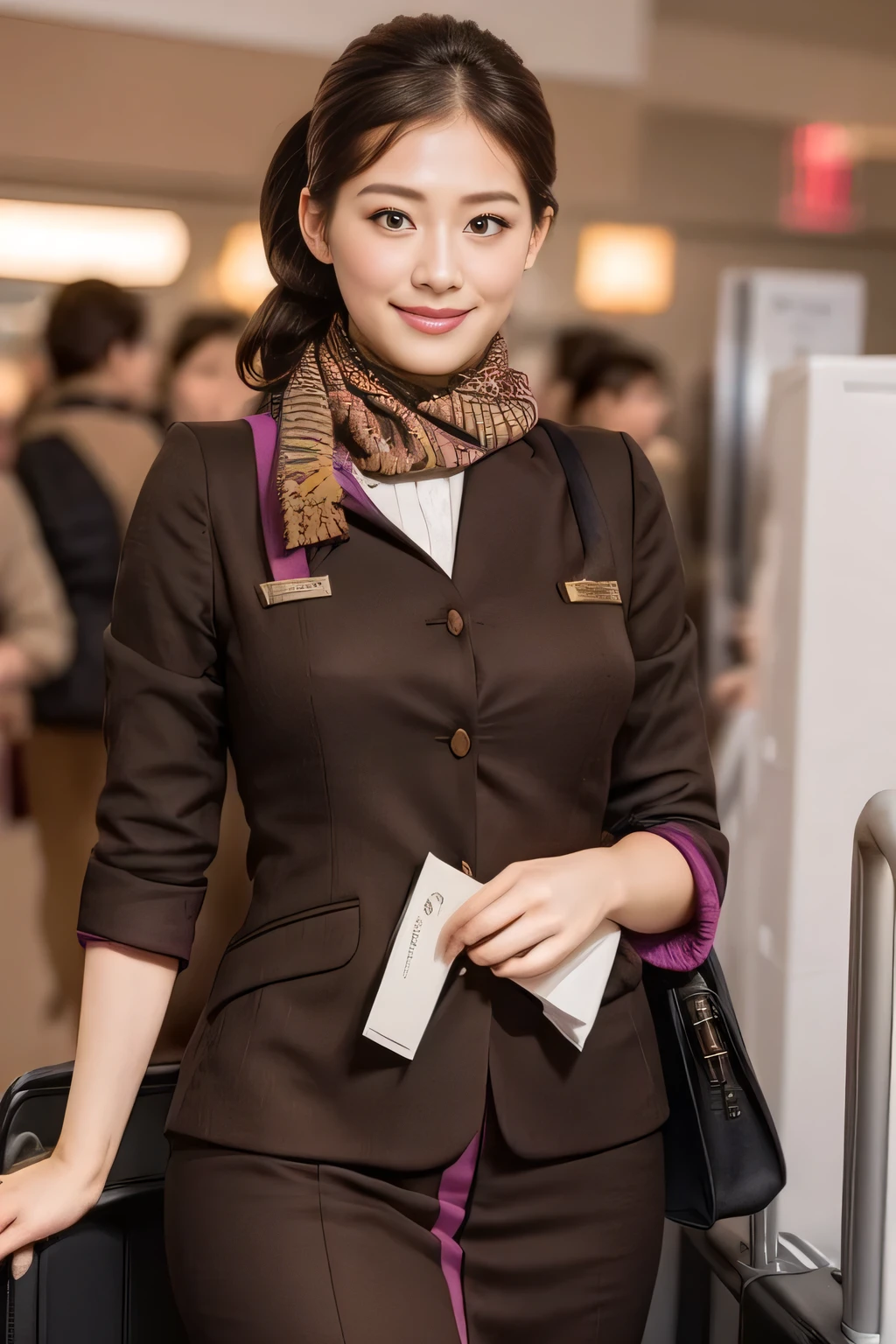 (masterpiece:1.2、highest quality:1.2)、32K HDR、High resolution、(alone、1 girl、Slim figure)、（A realistic reproduction of the ETIHAD Airways Cabincrew Uniform）、 (At the airport counter, Professional Lighting)、Airport counter wall background、A proper woman, Beautiful Face,、（Long sleeve ETIHAD Airways Cabincrew Uniform）、（ETIHAD Airways Cabincrew Uniform skirt with purple stripe on the front）、（scarf on chest）、Big Breasts、（Long Hair Up、Hair Bun）、Dark brown hair、Long Shot、（（Great hands：2.0））、（（Harmonious body proportions：1.5））、（（Normal limbs：2.0））、（（Normal finger：2.0））、（（Delicate eyes：2.0））、（（Normal eyes：2.0））)、Beautiful standing posture、smile