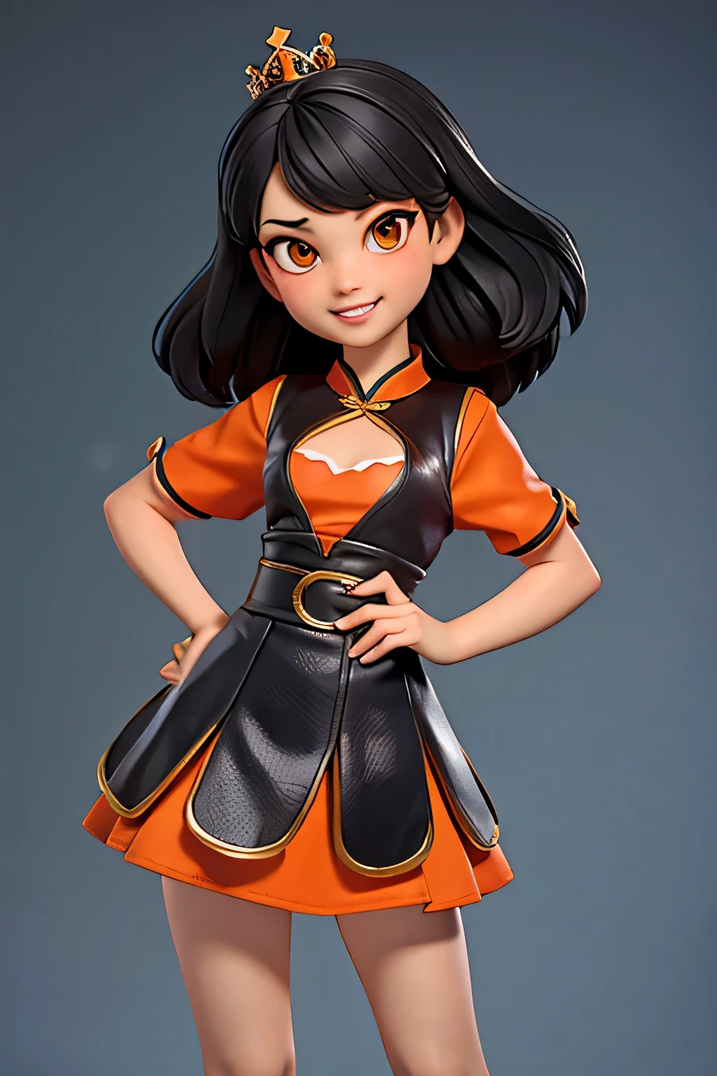 (lifelike,high resolution：1.3）， a little lovely kid girl， The face shape and eyes are super delicate,black hair,red glossy lips,(beautiful face), (best quality), (Super detailed), (Extremely detailed CG unified 8k wallpaper),Orange cheongsam,A little cleavage,black skirt,orange eyes,Female dealer,crown,Smile,Tiger teeth,Height 50 cm