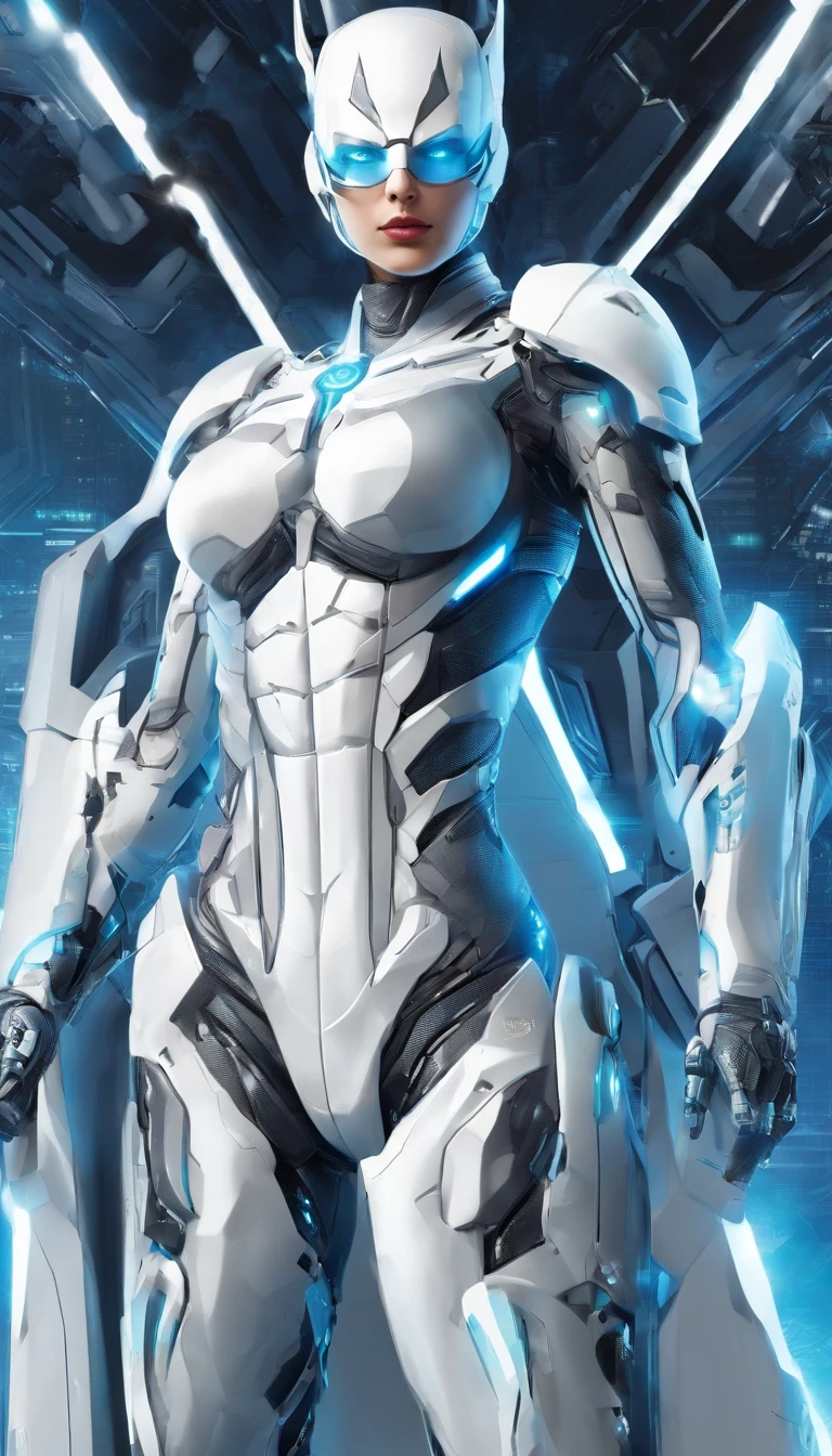 Realistic white and light blue female Batman in titanium cybernetic suit, detailliert, perfect design, Perfect and symmetrical edges of high quality ::n_Style drawing, Low quality defects, human - shaped, games, Anime