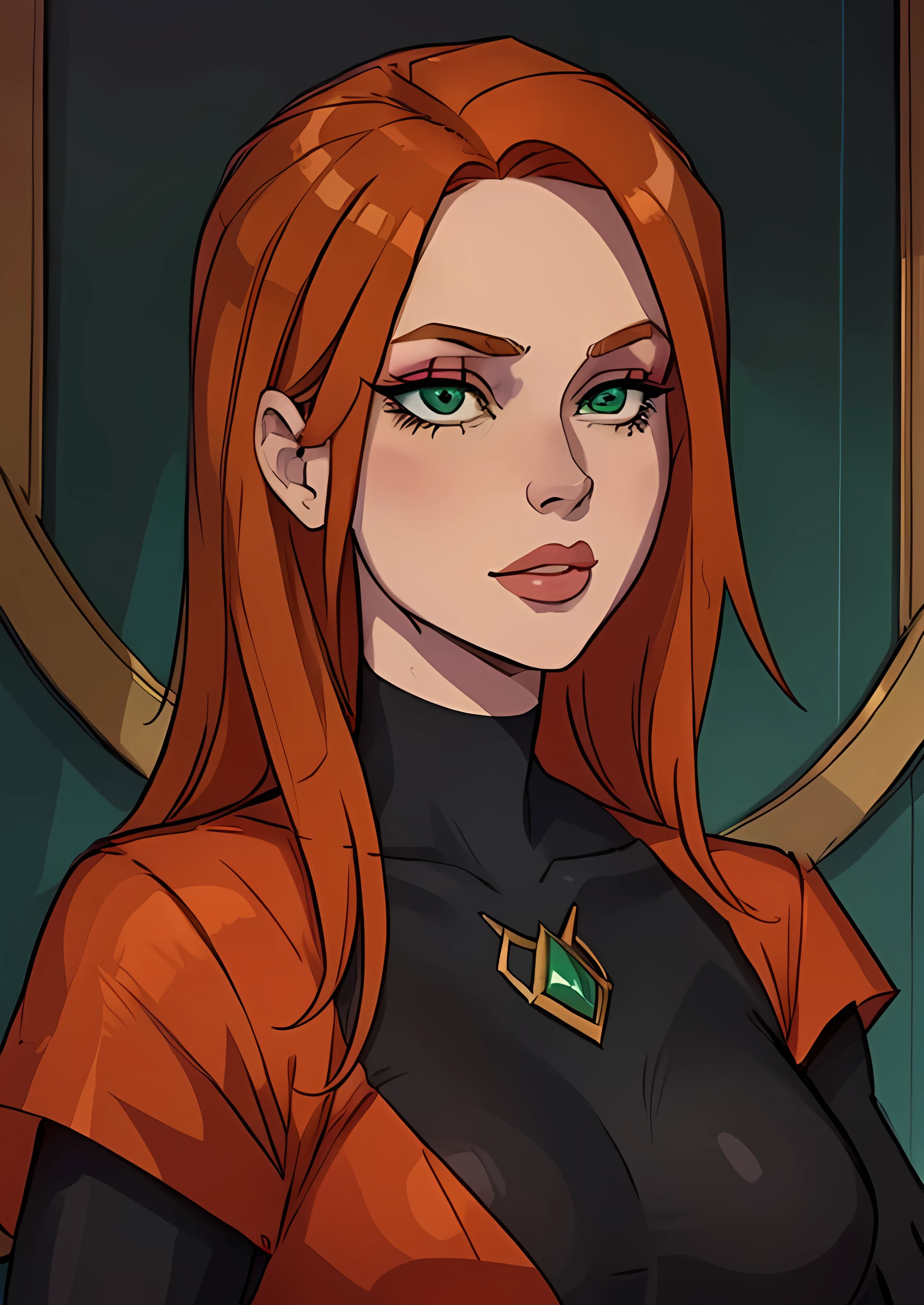 masterpiece, best quality, 1female, face portrait, intense makeup, orange hair, green eyes, young, eve def