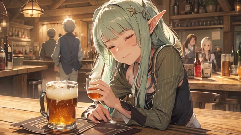 In the style of "Is It Wrong to Try to Pick Up Girls in a Dungeon?", a young-looking elf woman in her 40s is peacefully napping in a tavern. There are a few people around, and they are toasting with beer mugs.