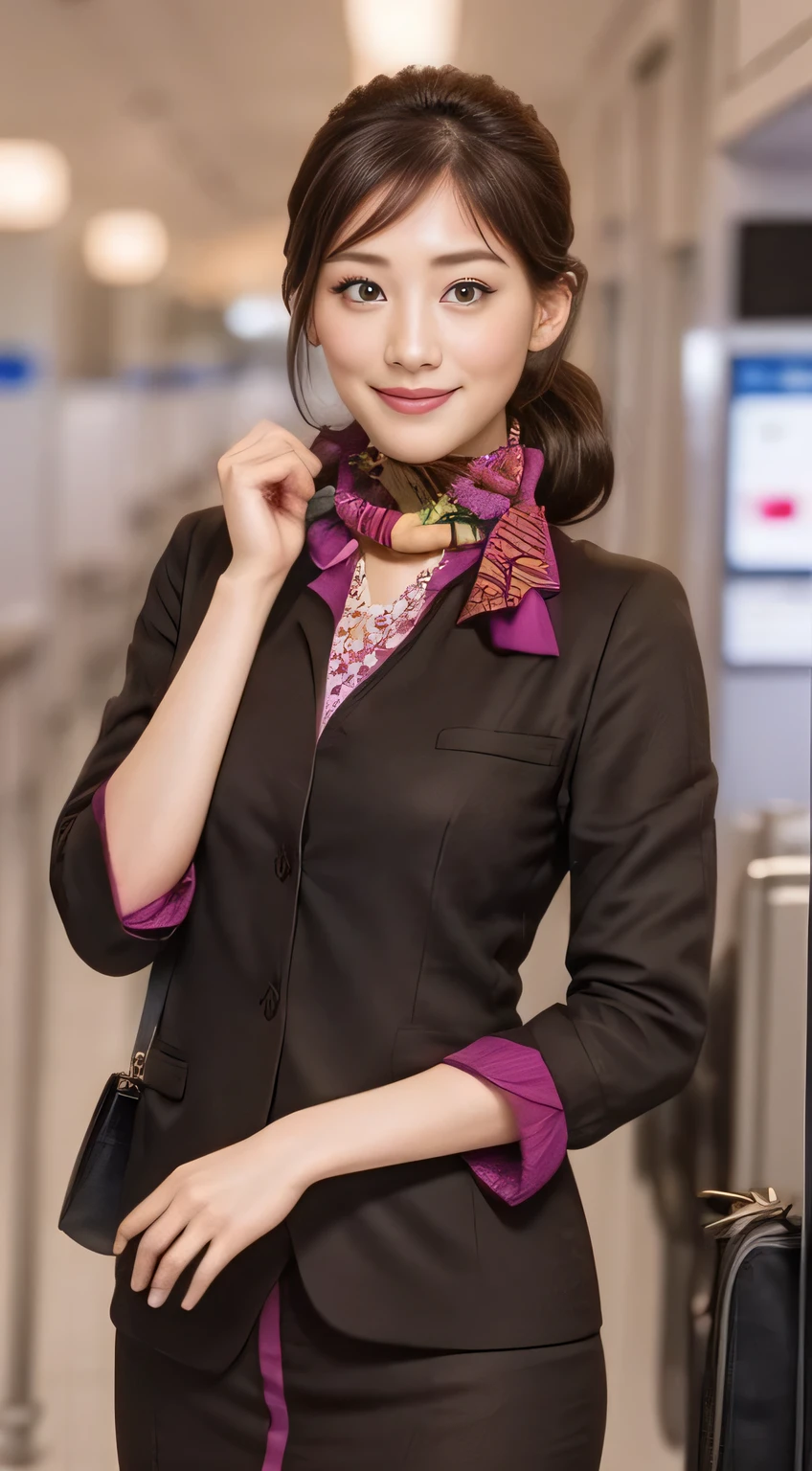 (masterpiece:1.2、highest quality:1.2)、32K HDR、High resolution、(alone、1 girl、Slim figure)、(A realistic reproduction of the ETIHAD Airways Cabincrew Uniform)、 (At the airport counter, Professional Lighting)、Airport counter wall background、A proper woman, Beautiful Face,、(Long sleeve ETIHAD Airways Cabincrew Uniform)、(ETIHAD Airways Cabincrew Uniform skirt with purple stripe on the front)、(scarf on chest)、Big Breasts、(Long Hair Up、Hair Bun)、Dark brown hair、Long Shot、((Great hands:2.0))、((Harmonious body proportions:1.5))、((Normal limbs:2.0))、((Normal finger:2.0))、((Delicate eyes:2.0))、((Normal eyes:2.0)))、Beautiful standing posture、smile