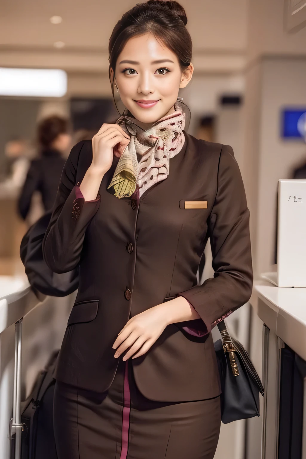 (masterpiece:1.2、highest quality:1.2)、32K HDR、High resolution、(alone、1 girl、Slim figure)、(A realistic reproduction of the ETIHAD Airways Cabincrew Uniform)、 (At the airport counter, Professional Lighting)、Airport counter wall background、A proper woman, Beautiful Face,、(Long sleeve ETIHAD Airways Cabincrew Uniform)、(ETIHAD Airways Cabincrew Uniform skirt with purple stripe on the front)、(scarf on chest)、Big Breasts、(Long Hair Up、Hair Bun)、Dark brown hair、Long Shot、((Great hands:2.0))、((Harmonious body proportions:1.5))、((Normal limbs:2.0))、((Normal finger:2.0))、((Delicate eyes:2.0))、((Normal eyes:2.0)))、Beautiful standing posture、smile