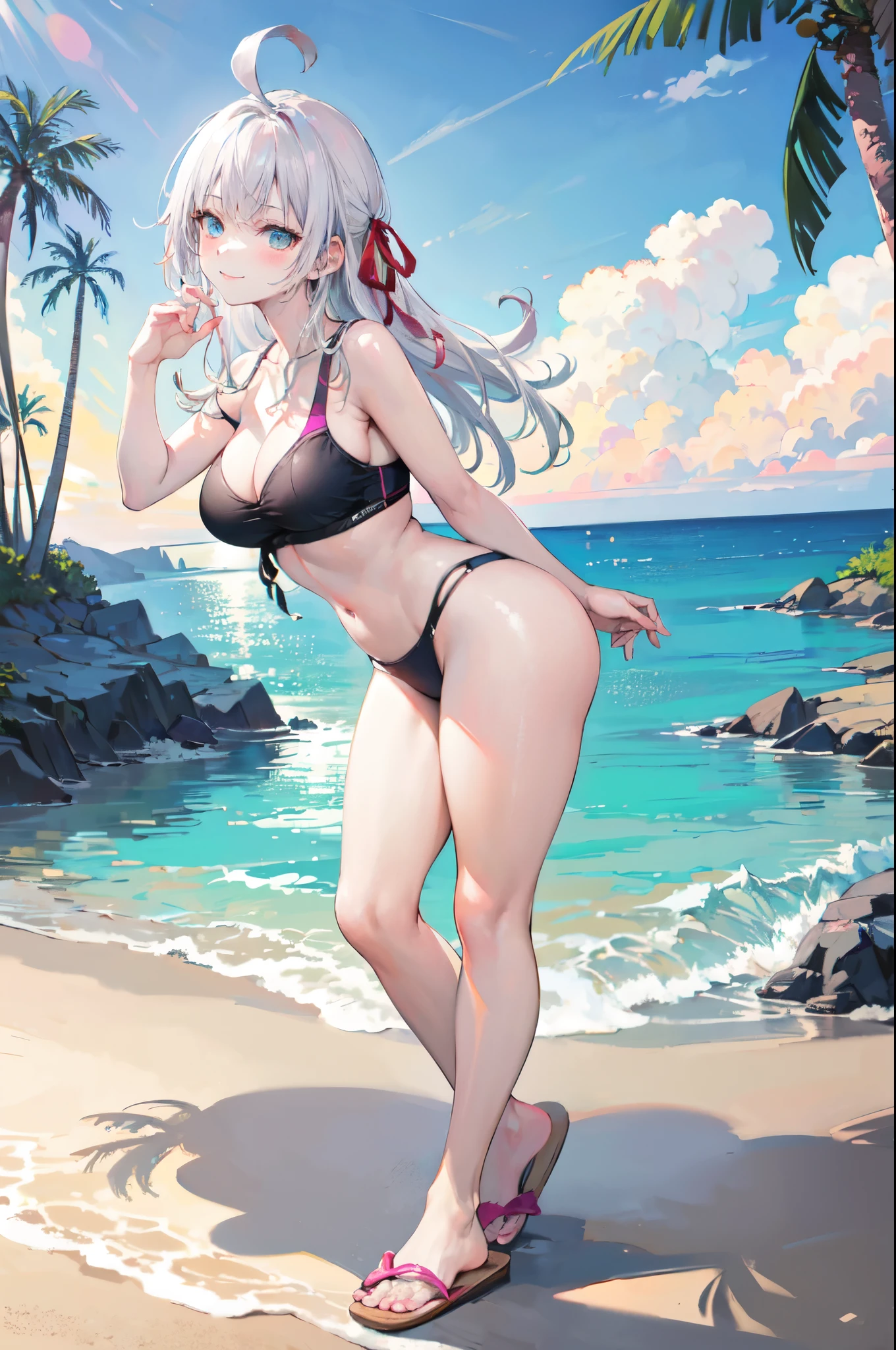 realistic image, detailed image, coherent image, 1 beautiful girl, she has very long hair, white hair, light blue eyes, smiling expression. She is wearing a swim bra, a thin swim thong, slippers, She has a curvy body, medium breasts and thick thighs, She is posing sensually, arching her back, you can see a beach in the background, palm trees and waves, sunset, twilight, Focus soft, full body view, Dramatic shadows, Volumetric lighting, natural lighting,Alisa Mikhailovna Kujou,ahoge,long hair,grey hair,hair intakes,hair ribbon