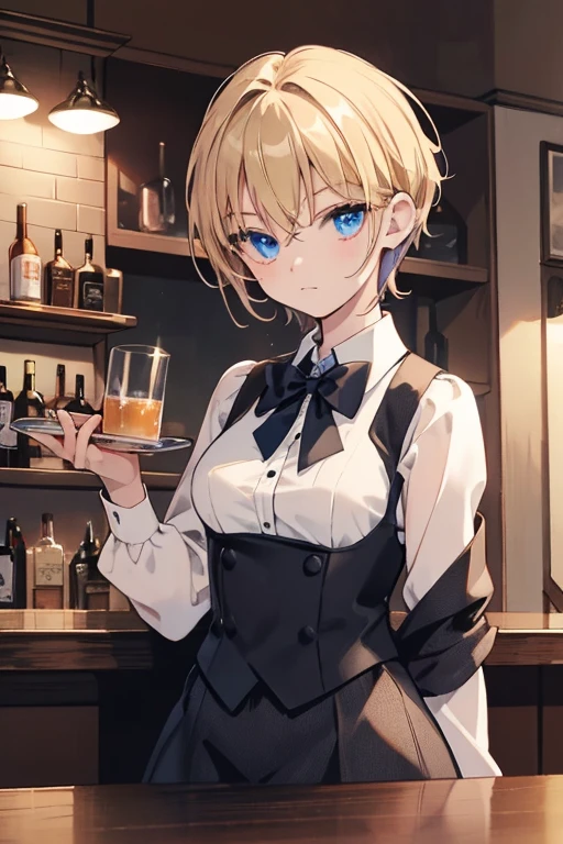 masterpiece, highest quality, 16k、High resolution, Cowboy Shot、Detailed face、Perfect Fingers、20-year-old woman、A beautiful woman dressed as a man 、blue eyes、blonde、short hair、Black tuxedo、Red bow tie、bar counter、Sit at the counter、suit thug