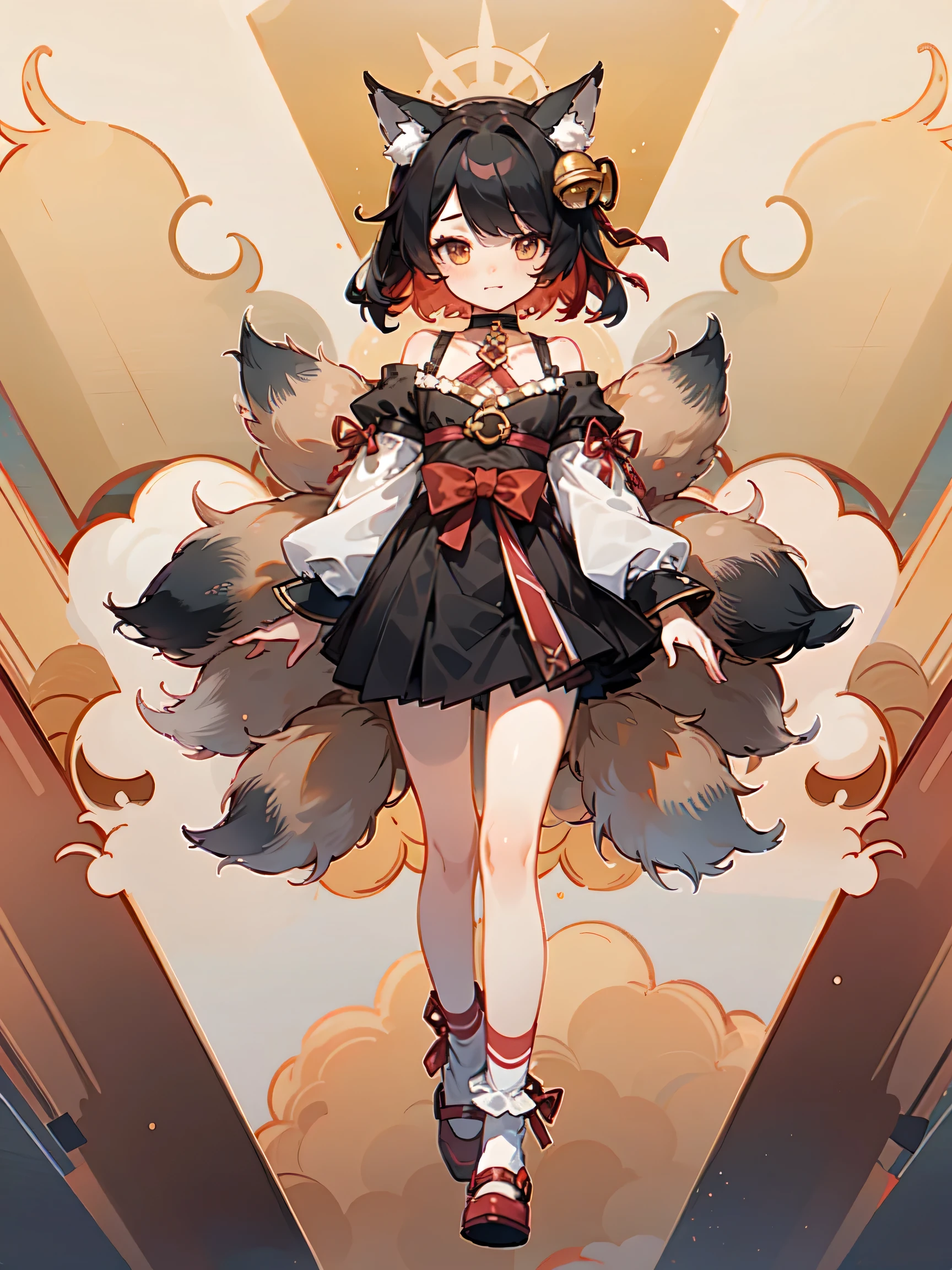 1girl, , masterpiece, high quality, fox ears, obijime, kitsune, bare_shoulder, choker, bell, hair ornament, accessories, hair bell, asymmetrical hair, multicolored hair, black hair, red hair, full body, Mecha musume, white socks,short-hair,