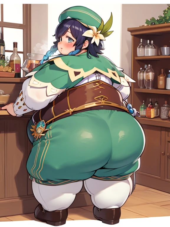 Masterpiece, Best Quality, Obese Ventidef, beret, obese body, hat flower, white  shirt, bow, long sleeves, frilled sleeves, corset, cape, green shorts, white pantyhose, Jewelry, brooch, bar, Blushing, lean, backboob, behind, Shows ass