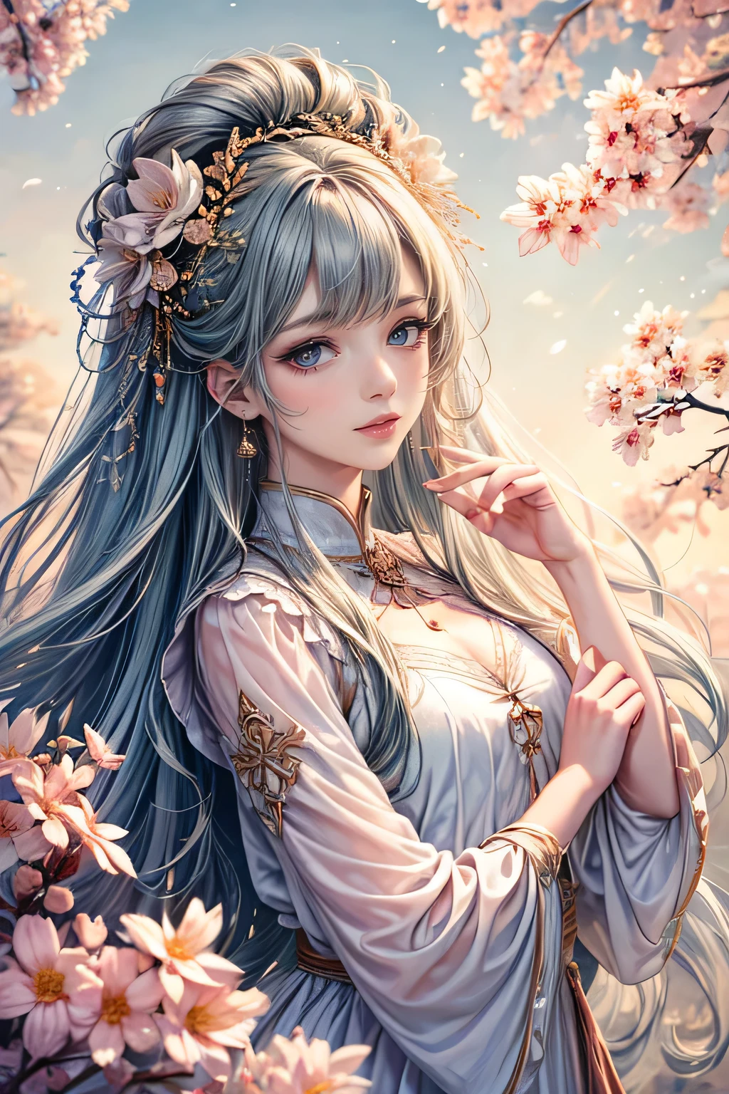 (best quality,8K,CG),detailed upper body, girl,floral forest background,complex facial features,elegant long curly hair,almond-shaped big eyes,detailed eye makeup,long eyelashes,twinkling stars,exquisite lip details,soft and harmonious style.