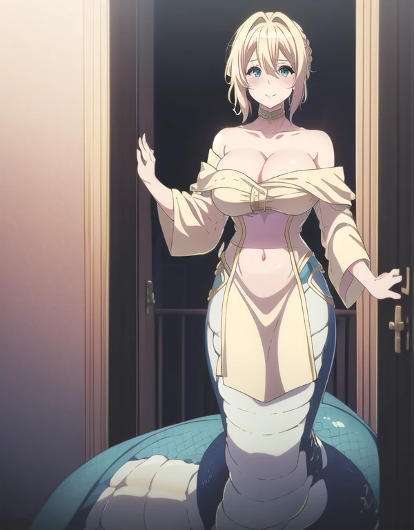 1girl, violet evergarden, solo, blonde hair, blue eyes, short hair, braid, cleavage, off shoulder dress, belly, lamia, looking at viewer, blush, happy, full body, pov, pov doorway,
