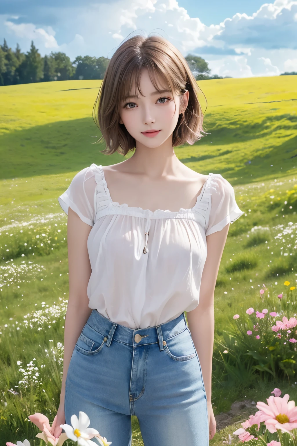 Ultra-high resolution、(Real:1.4)、One beautiful woman、Beautifully detailed eyes and skin、Light brown short hair、A Little Smile、Small Bust、White shirt and jeans、A meadow full of white and pink flowers、Rain Clouds、Spaceship in the distance、