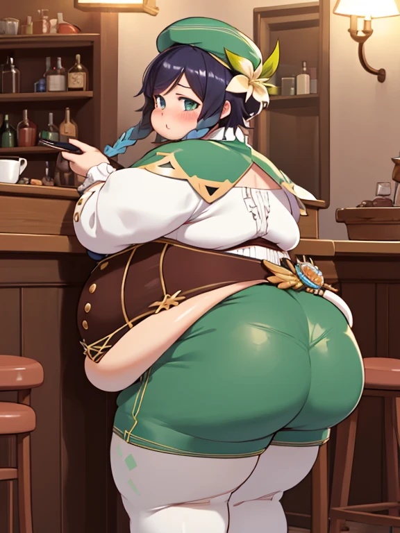 Masterpiece, Best Quality, Obese Ventidef, beret, obese body, hat flower, white shirt, big fat butt, cute, bow, long sleeves, frilled sleeves, corset, cape, green shorts, white pantyhose, Jewelry, brooch, bar, Blushing, lean, backboob, behind, Shows ass