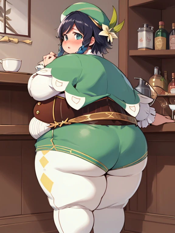 Masterpiece, Best Quality, Obese Ventidef, beret, obese body, hat flower, white shirt, big fat butt, cute, bow, long sleeves, frilled sleeves, corset, cape, green shorts, white pantyhose, Jewelry, brooch, bar, Blushing, lean, backboob, behind, Shows ass