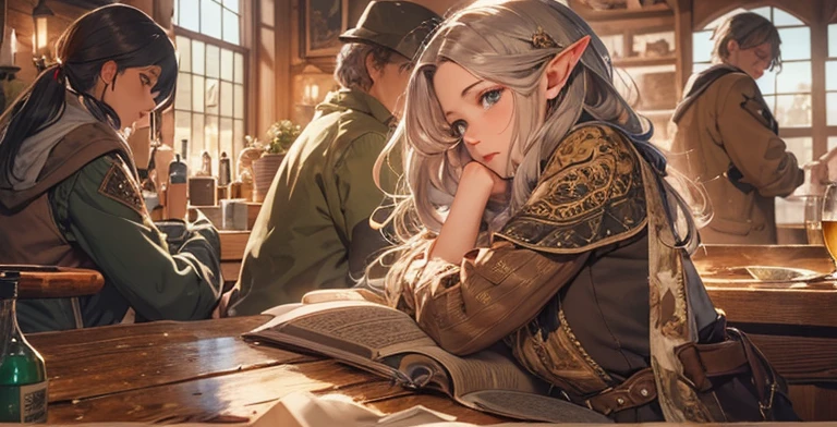 A young-looking female elf in her 40s peacefully napping in a tavern, intricate detailed portrait, beautiful detailed eyes, beautiful detailed lips, extremely detailed face, long eyelashes, beautiful elf features, serene expression, cozy tavern interior, wooden furniture, warm lighting, soft textures, muted color palette, digital painting, concept art style, cinematic lighting, photorealistic, 8k, high resolution, masterpiece, There are a few people around, and they are toasting with beer mugs.