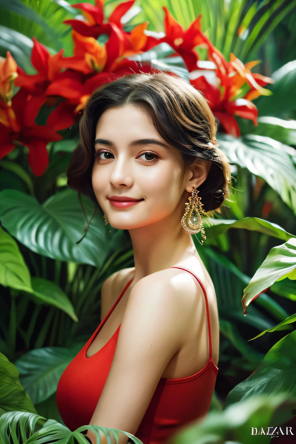 A beautiful photo of a woman wearing red tank top, at detailed summer tropical flower forest, subtropical flowers and plants, intricate, elegant, highly detailed, post-processing, digital painting, Harper's bazaar, concept art, sharp focus, illustration, soft smile,4K.