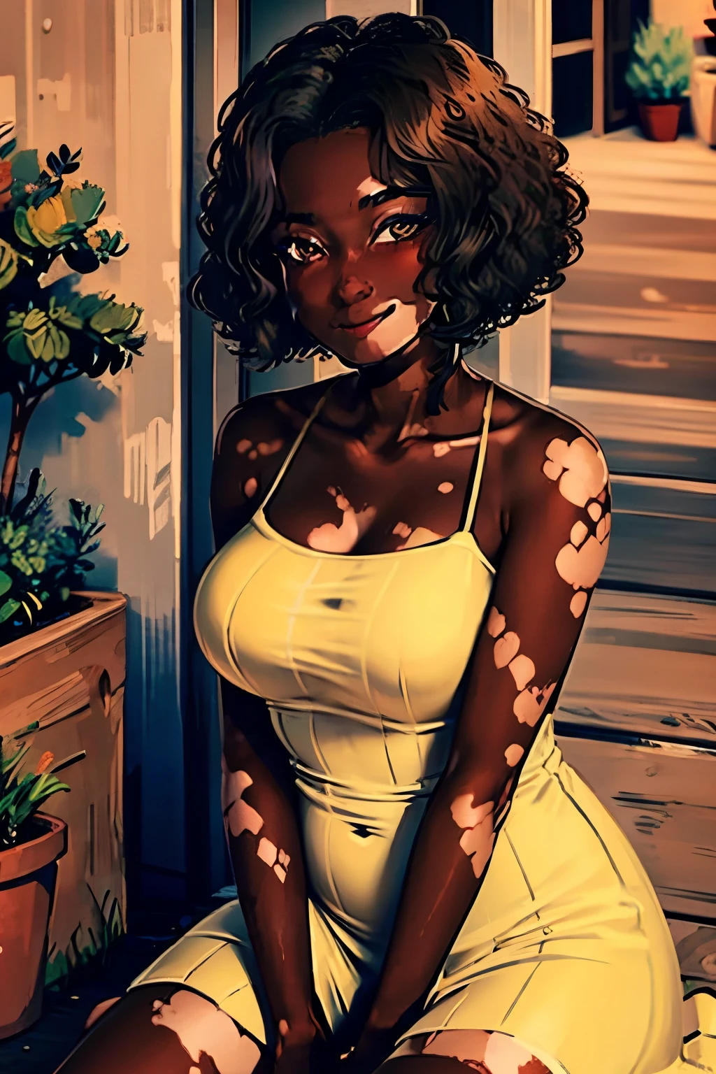 dark skin, vitiligo, tongue out, yellow summer dress, innocent smile, plump body, street